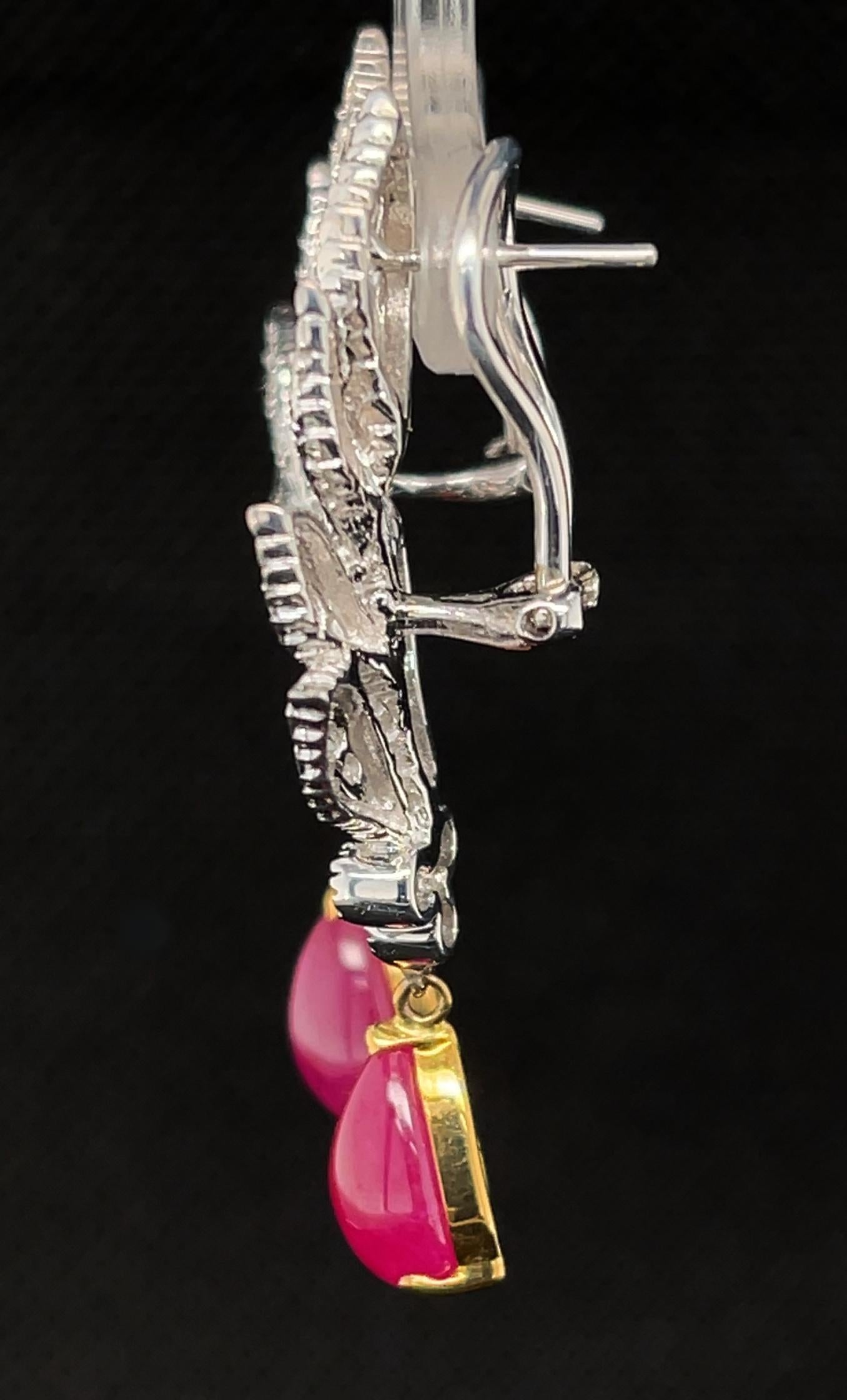 6.91 ct. t.w. Burmese Ruby Cabochon Diamond 18k White Gold Dangle Clip Earrings 2