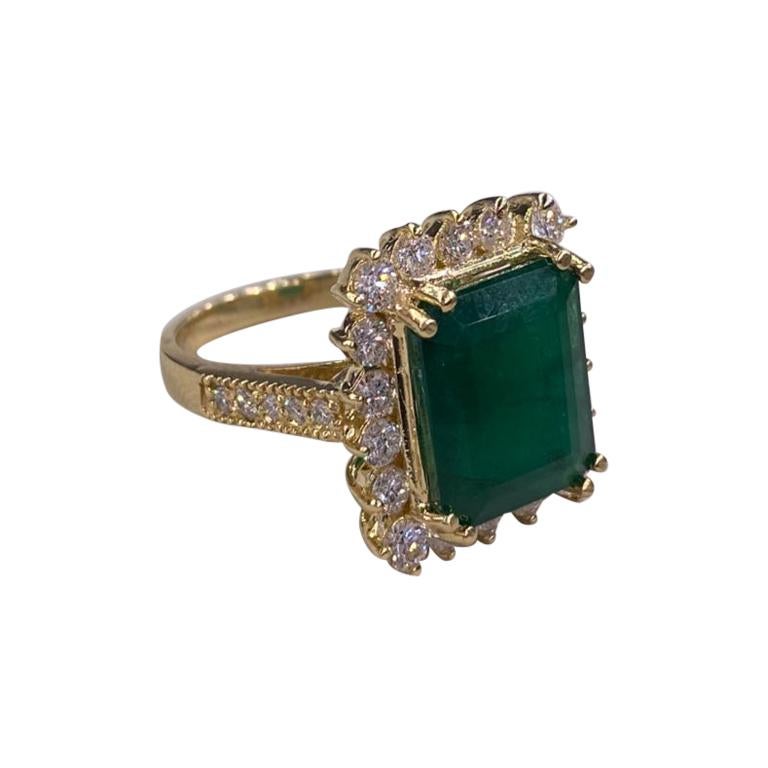 6.91 Carat Emerald Diamond 18 Karat Yellow Gold Ring For Sale