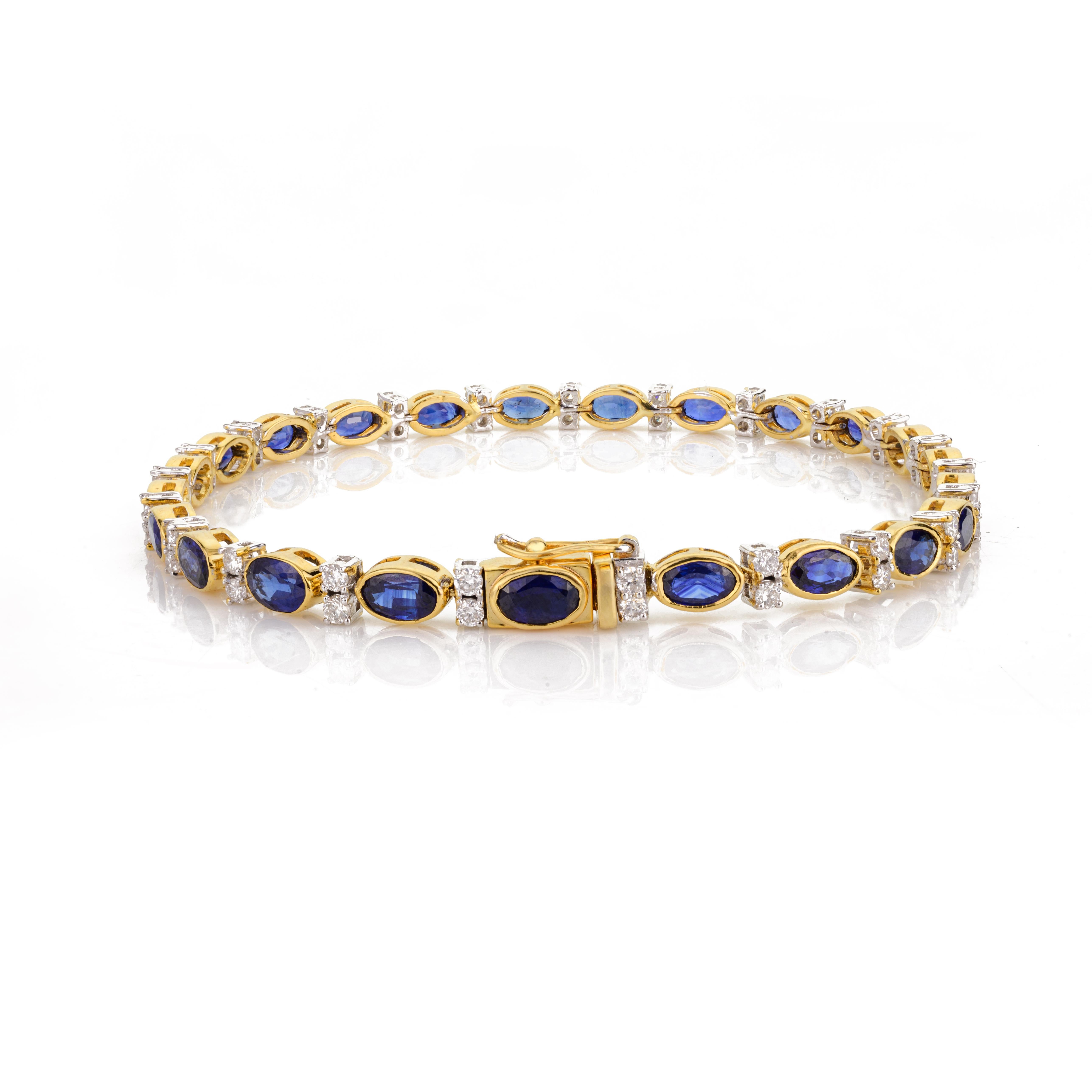 6,91 Karat natürlicher blauer Saphir Diamant 18k Gelbgold Hochzeits-Tennisarmband im Zustand „Neu“ im Angebot in Houston, TX