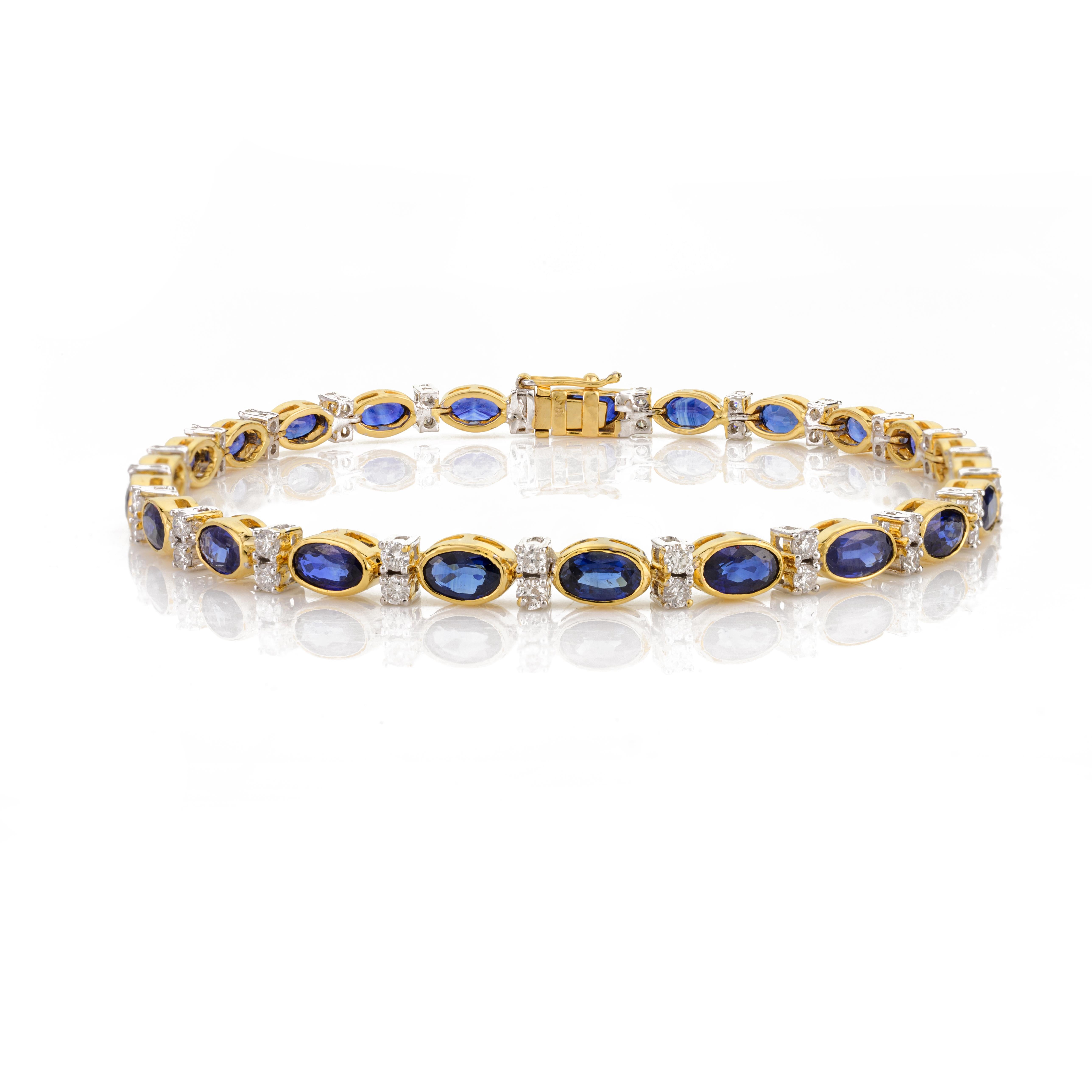 Women's 6.91 CTW Natural Blue Sapphire Diamond 18k Yellow Gold Wedding Tennis Bracelet For Sale