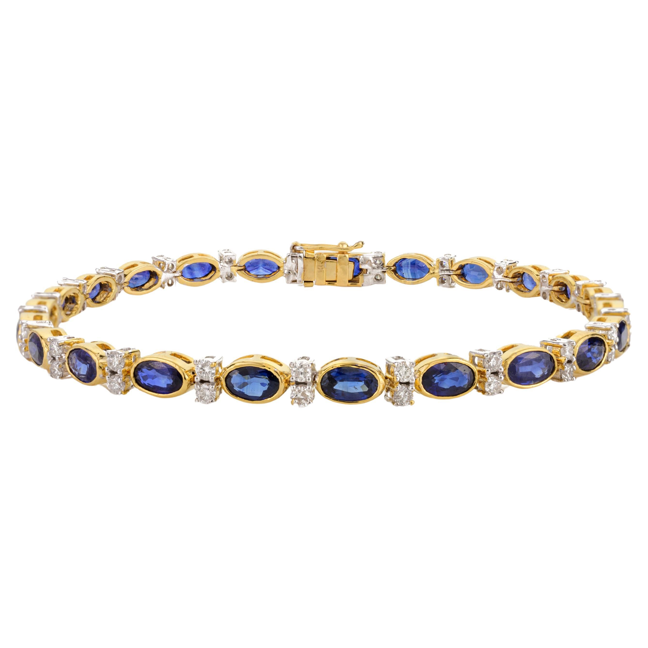 Bracelet tennis de mariage en or jaune 18 carats avec saphir bleu naturel de 6,91 carats et diamants en vente