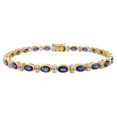 6.91 CTW Natural Blue Sapphire Diamond 18k Yellow Gold Wedding Tennis Bracelet