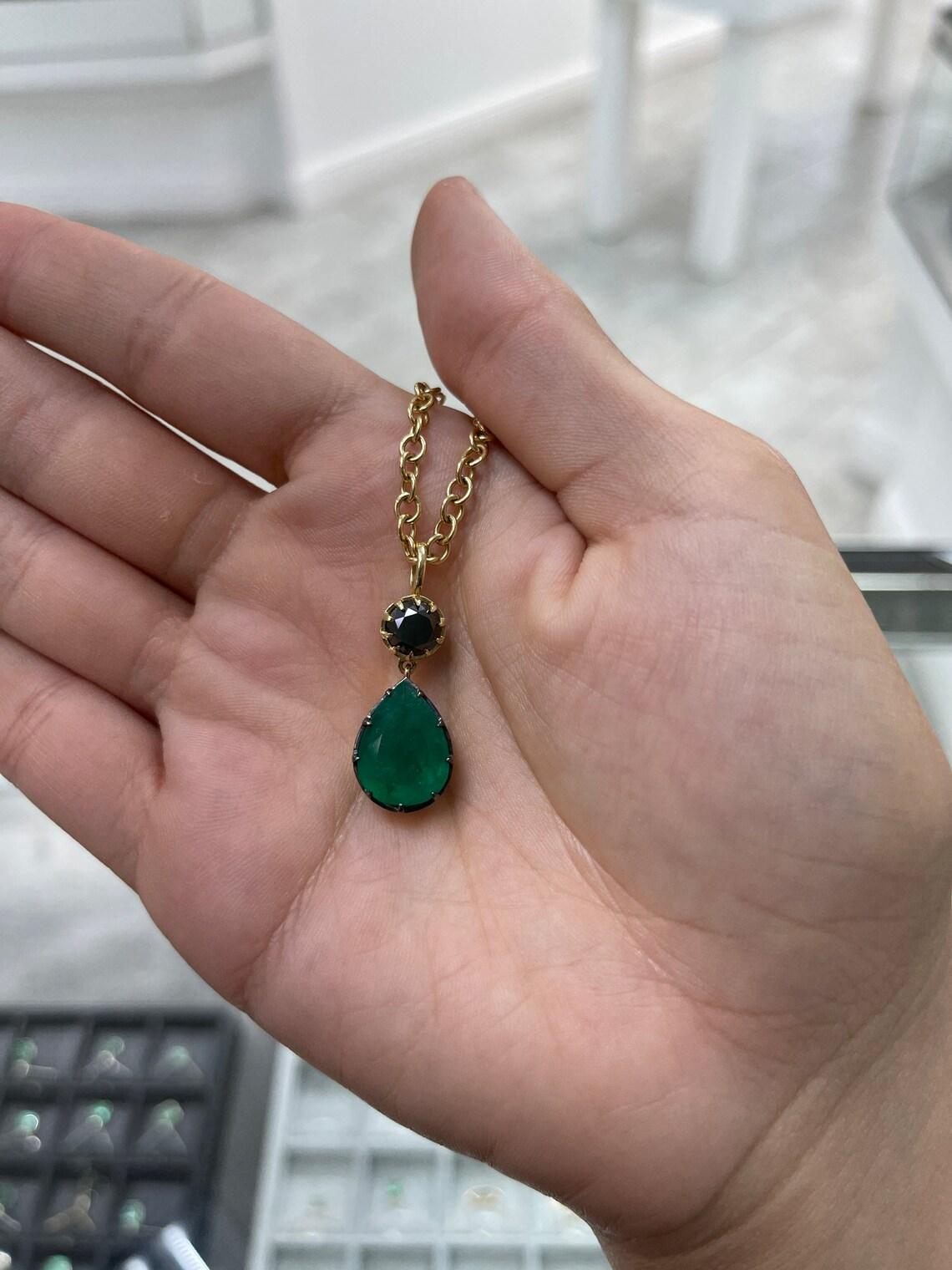 Women's 6.91ct 18K Colombian Emerald-Pear Cut & Black Diamond Necklace For Sale