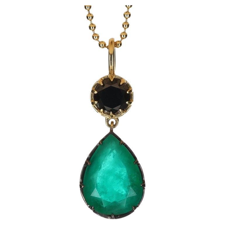 6.91ct 18K Colombian Emerald-Pear Cut & Black Diamond Necklace For Sale