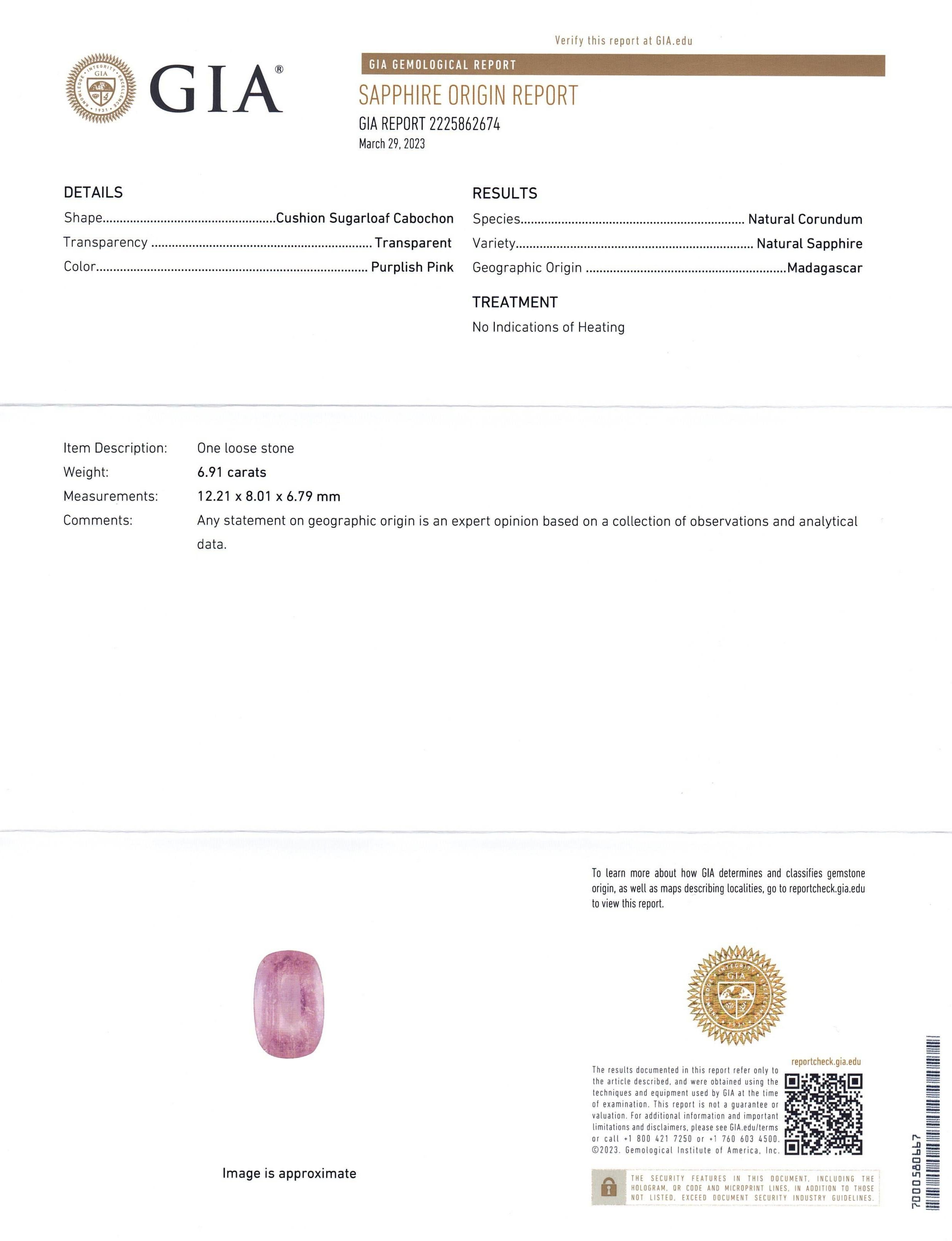 6.91ct Cushion Sugarloaf Cabochon Purplish Pink Sapphire GIA Certified Madagasca Unisexe en vente