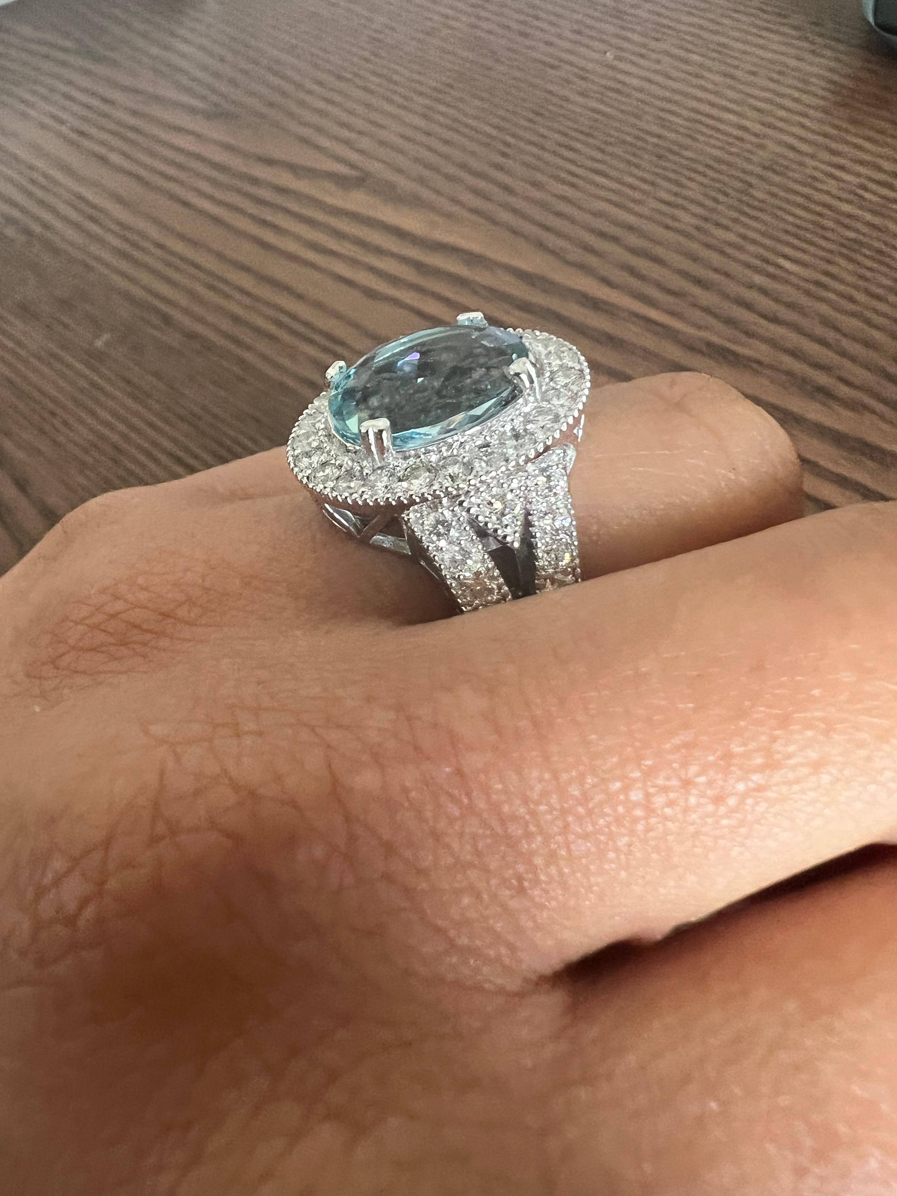 Oval Cut 6.92 Carat Aquamarine Diamond White Gold Cocktail Ring For Sale