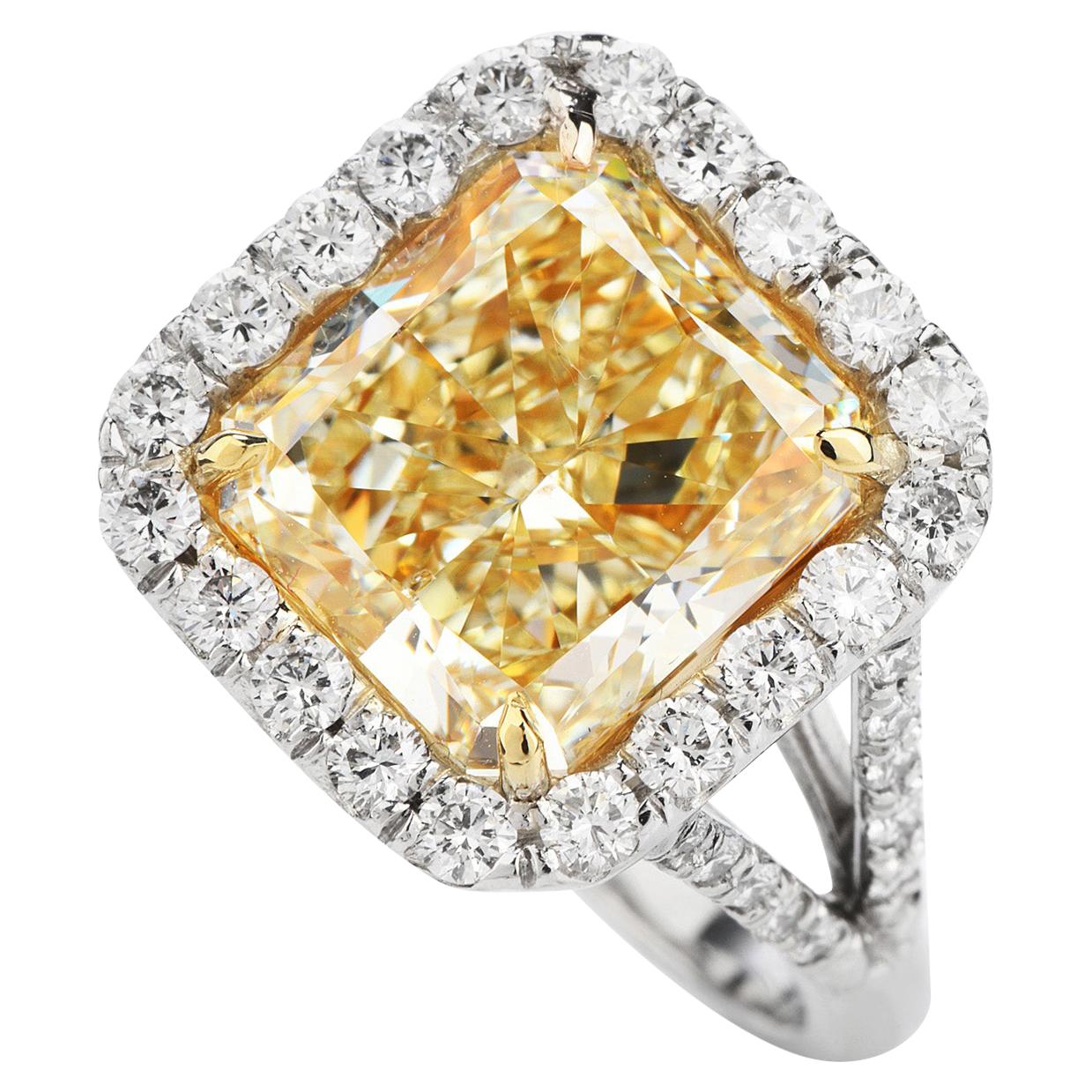 6.92 Carat Fancy Yellow Radiant Diamond Engagement Platinum Ring