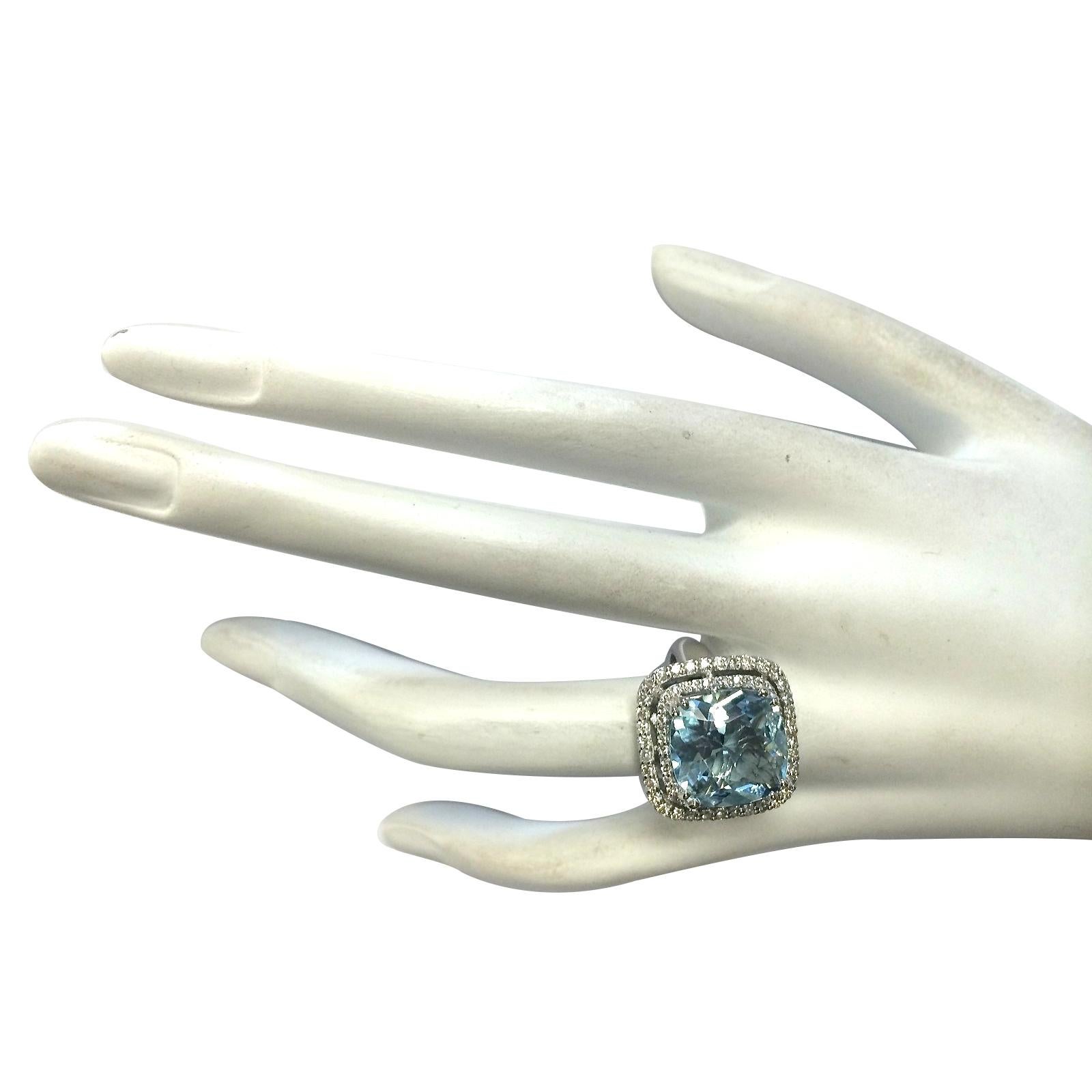 Cushion Cut Aquamarine Diamond Ring In 14 Karat White Gold  For Sale