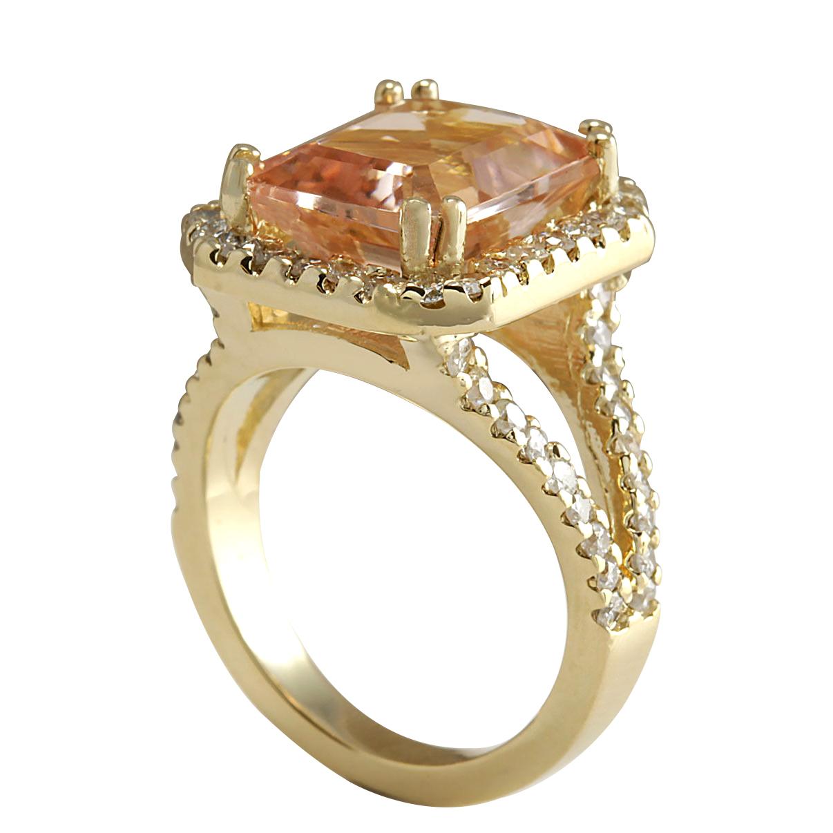 Emerald Cut Natural Morganite Diamond Ring In 14 Karat Yellow Gold For Sale
