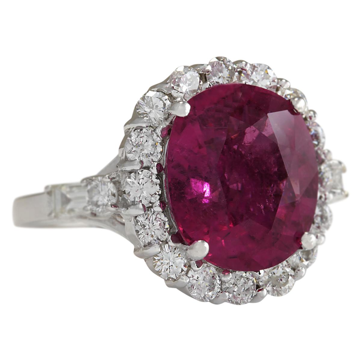 Stamped: 18K White Gold
Total Ring Weight: 8.2 Grams
Ring Length: N/A
Ring Width: N/A
Gemstone Weight: Total Natural Rubelite Weight is 5.76 Carat (Measures: 12.70x11.04 mm)
Color: Red
Diamond Weight: Total Natural Diamond Weight is 1.16
