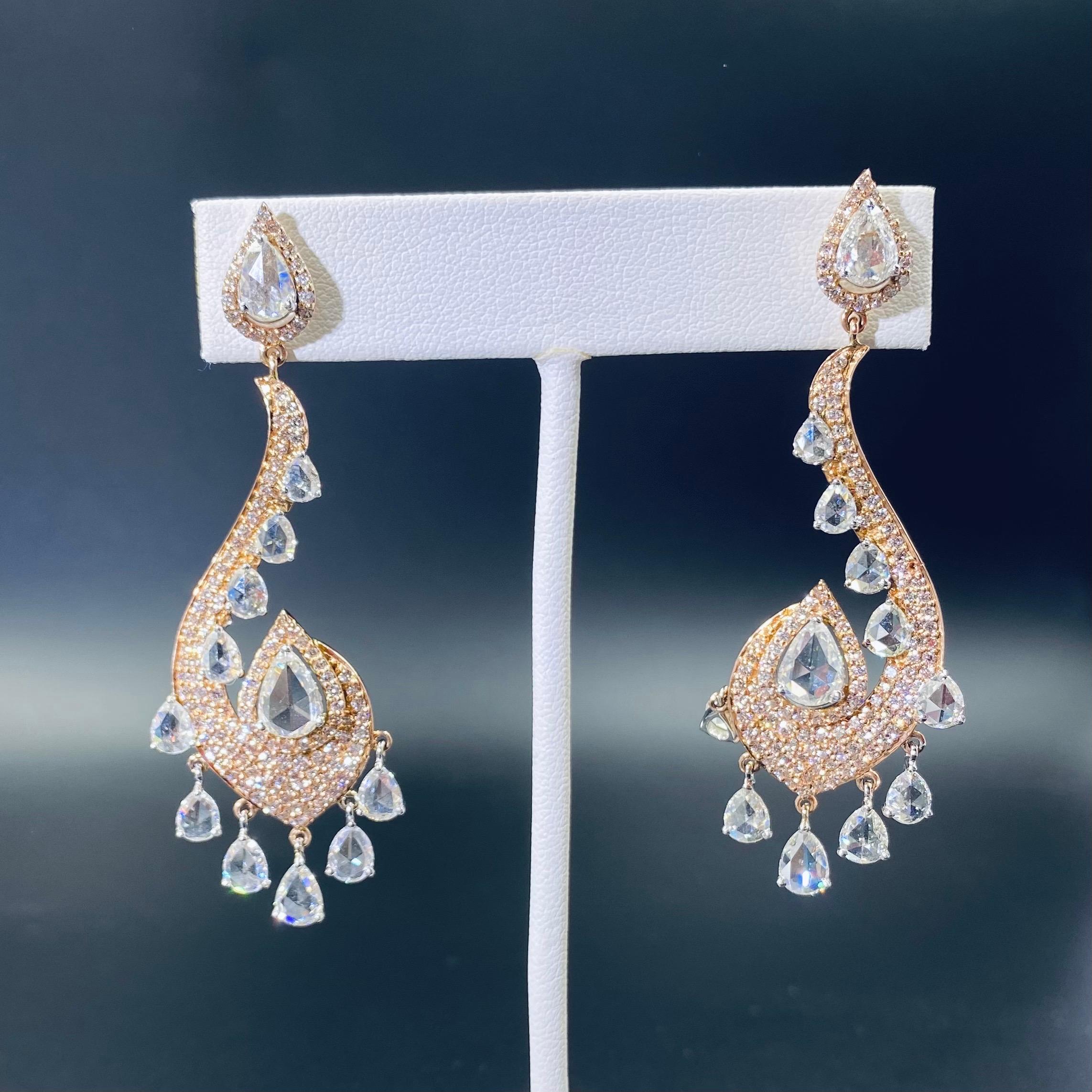 Modern 6.92 Carat Round Brilliant and Rose Cut Diamond Drop Fancy 18K Gold Earrings  For Sale