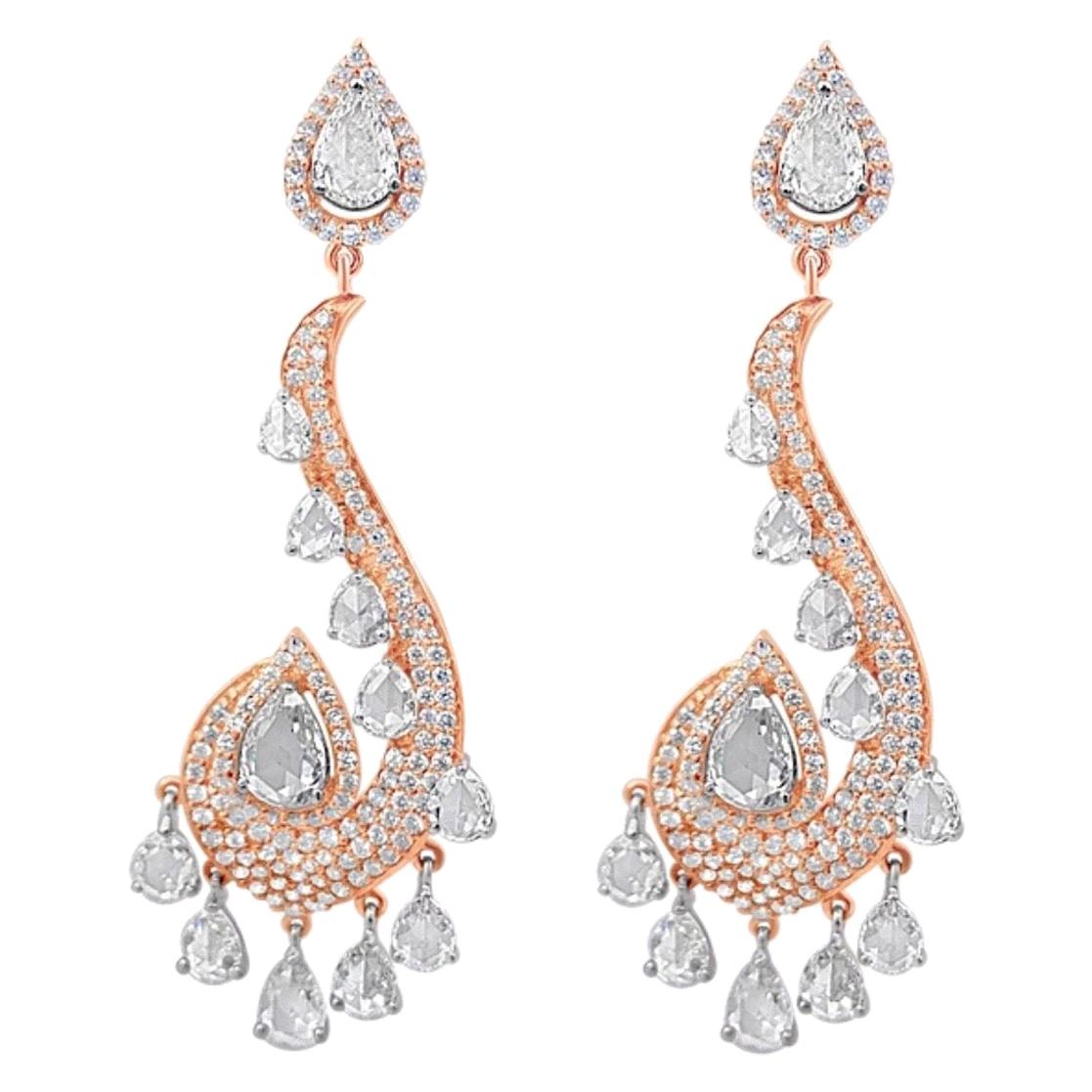 Pendientes de gota de diamantes redondos brillantes y talla rosa de 6,92 quilates en oro de 18 quilates