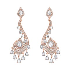 6.92 Carat Round Brilliant and Rose Cut Diamond Drop Fancy 18K Gold Earrings