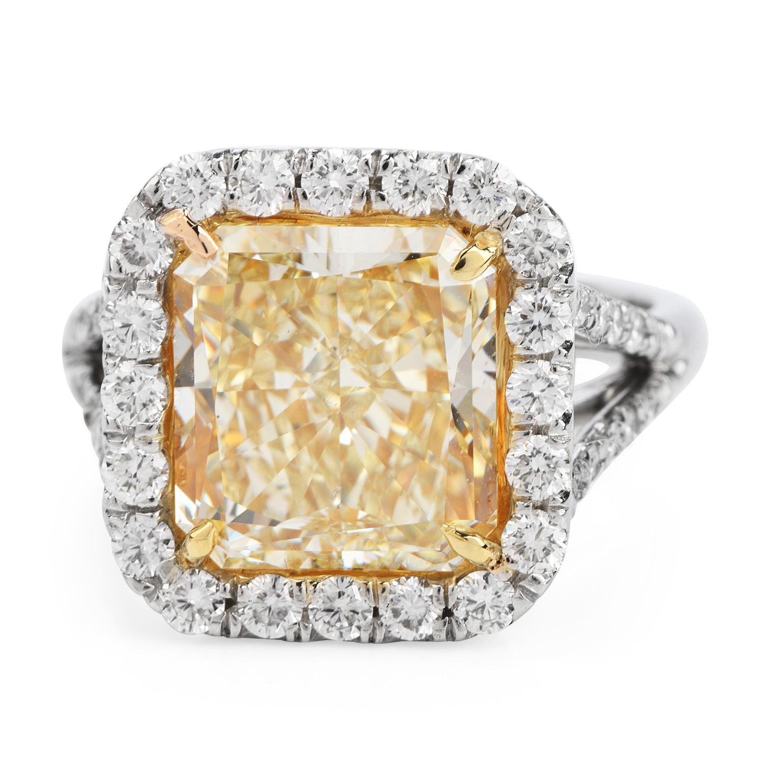 Modern 6.92 Carat Fancy Yellow Radiant Diamond Engagement Platinum Ring