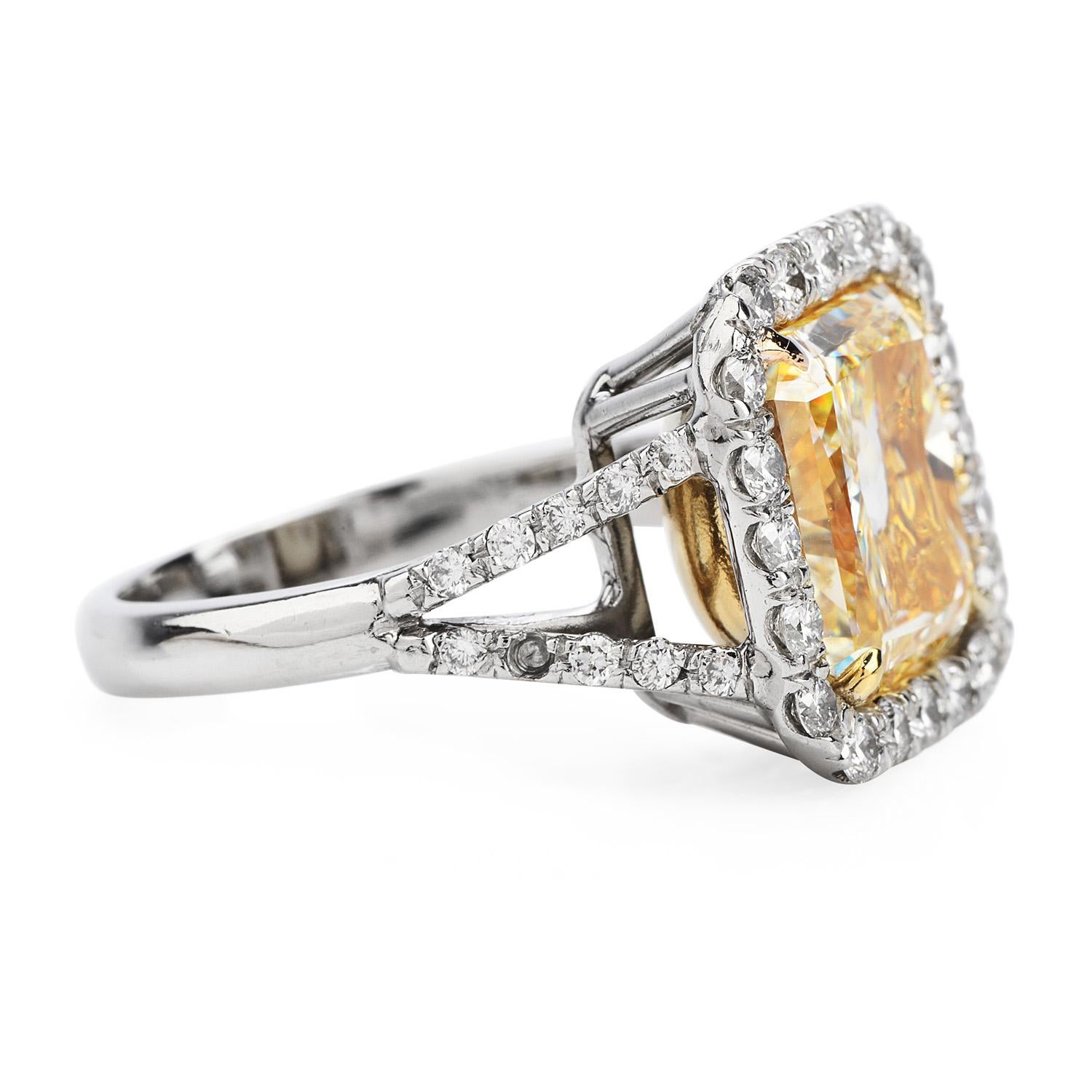 Radiant Cut 6.92 Carat Fancy Yellow Radiant Diamond Engagement Platinum Ring