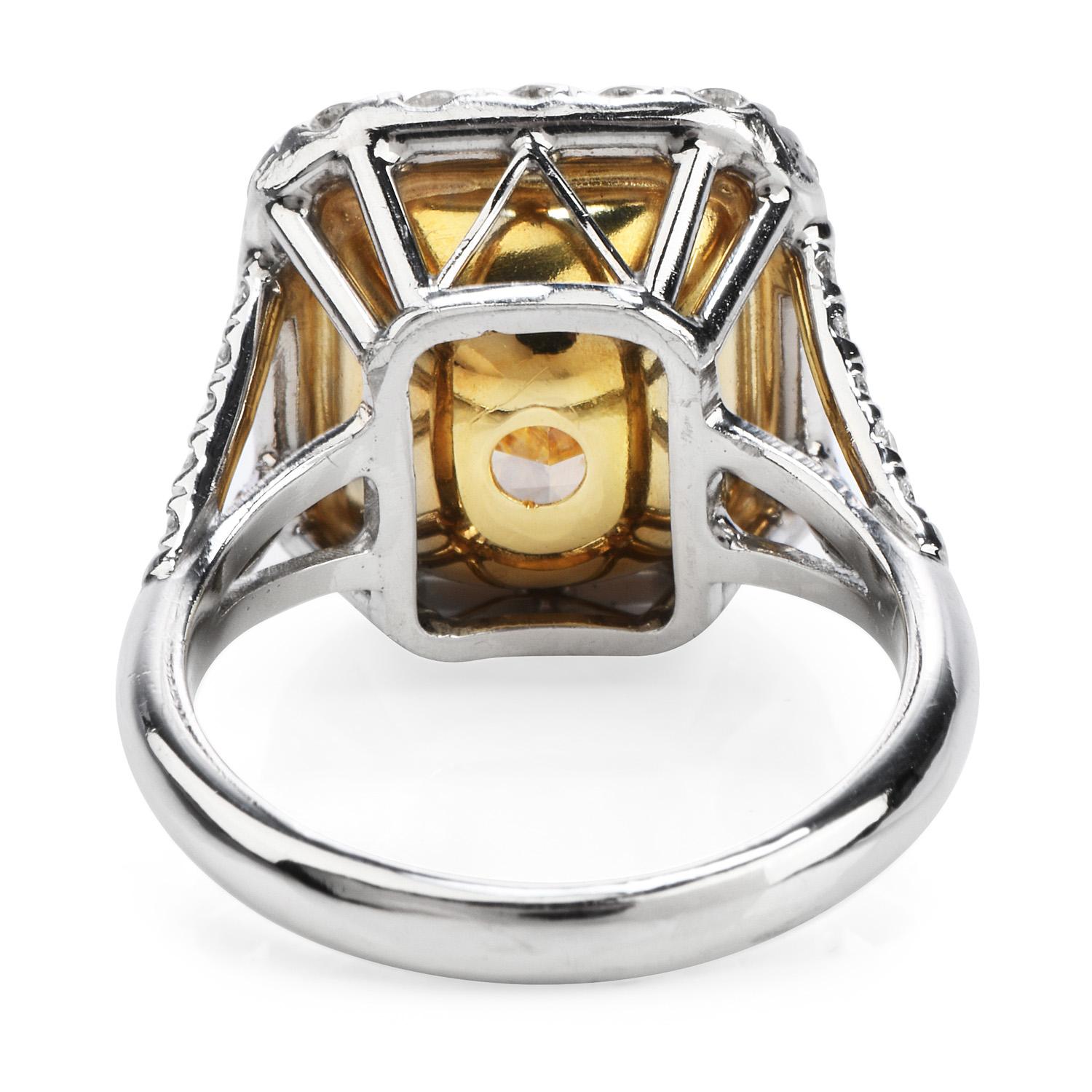 6.92 Carat Fancy Yellow Radiant Diamond Engagement Platinum Ring In Excellent Condition In Miami, FL