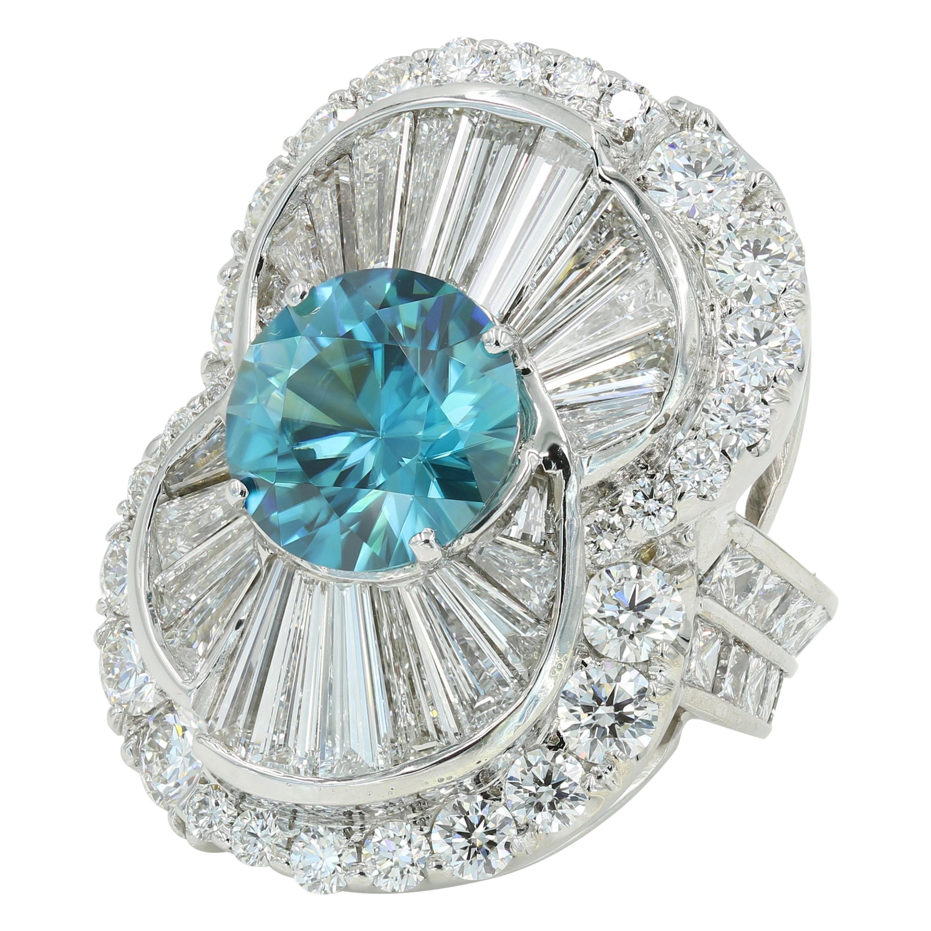 6.92cts Blue Zircon Lester Lampert Original Baguette, Prince & Rd Diamond Ring For Sale