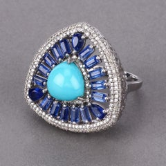 6.92cttw Turquoise, Kyanite with Diamonds 1.28cttw Sterling Silver Halo Ring