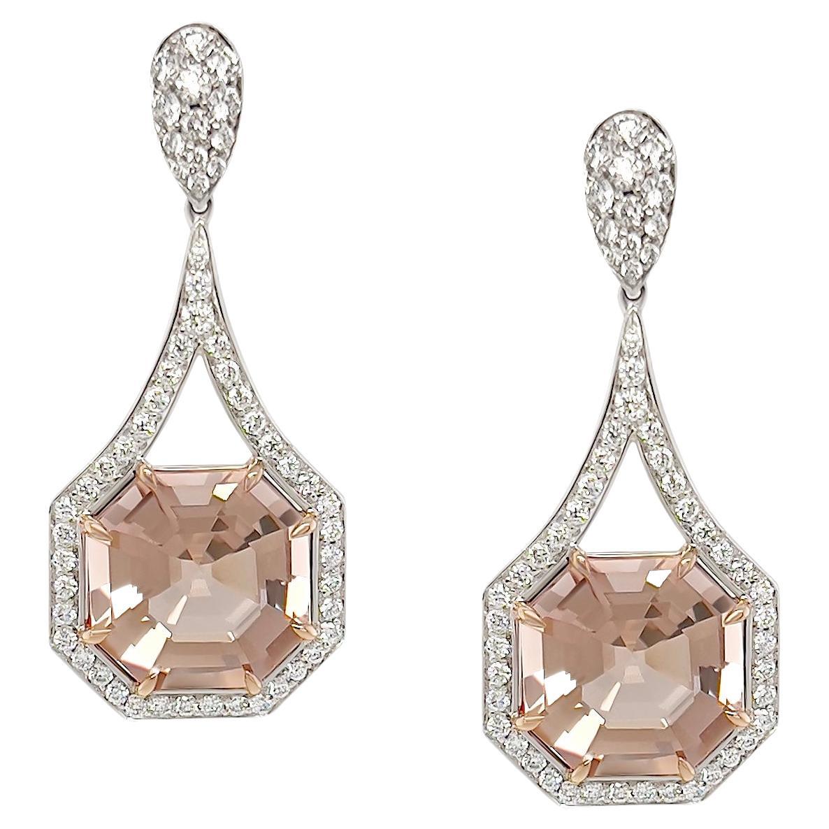 6.93 Carat Ascher Cut Champagne Morganite and Diamond Dangle Earrings For Sale
