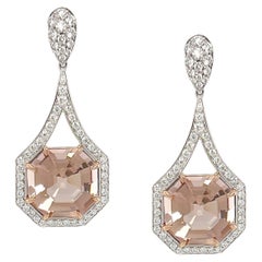 Pendants d'oreilles en Morganite champagne taille Ascher de 6,93 carats et diamants