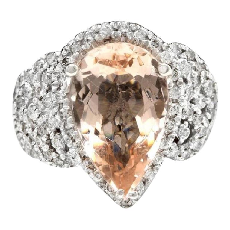 Bague en or blanc massif 14 carats avec diamants et morganite naturelle exquise de 6,93 carats