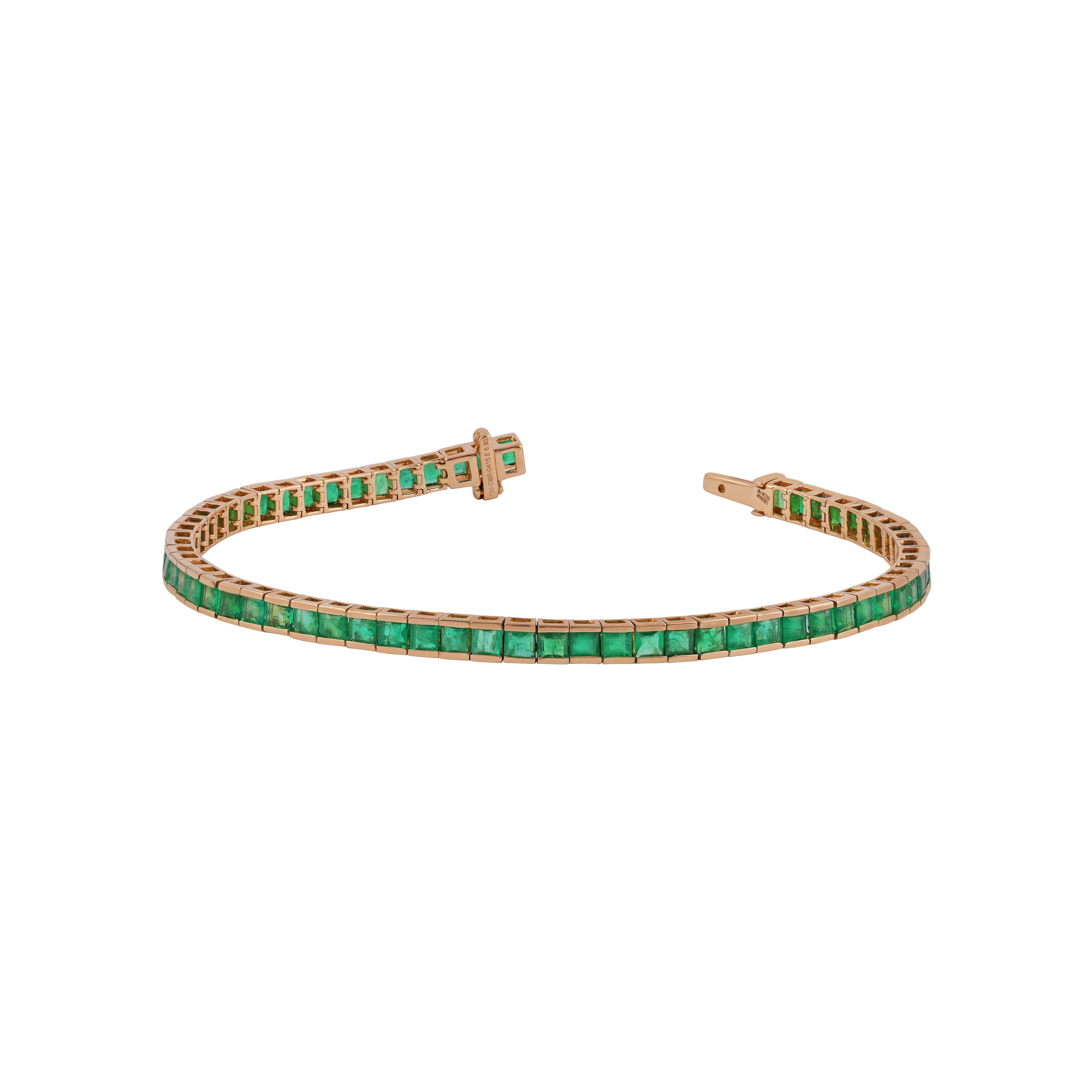 This is an elegant Clear Emerald tennis bracelet featuring 63 square emeralds with 6.93 carats in the nice channel setting. Fine emeralds are well known internationally for their splendid color . This bracelet entirely made in 18 karat yellow gold