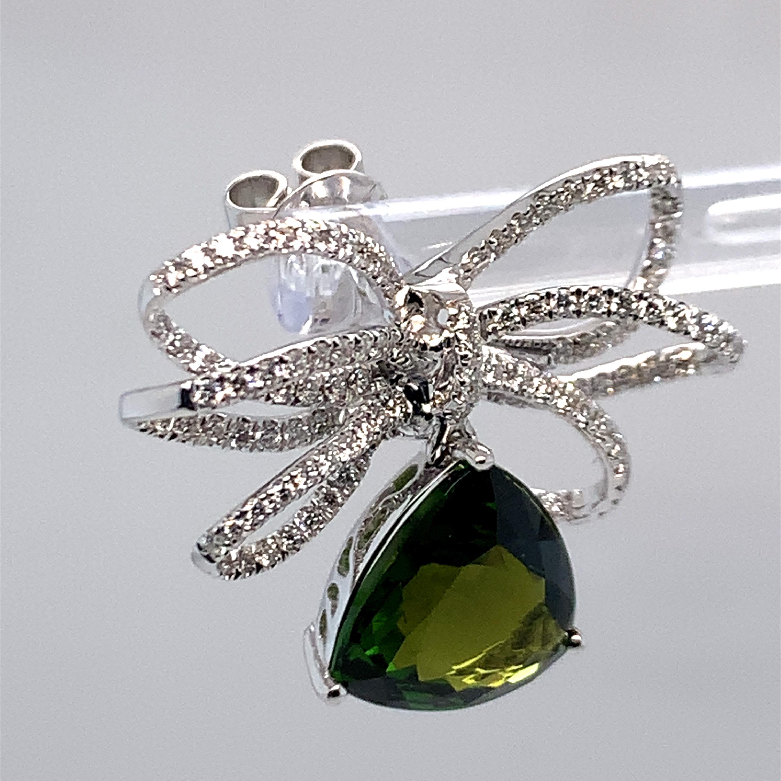Artisan 6.93 Carat Green Tourmaline Diamond Dangle Earrings in 14K White Gold