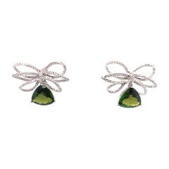 6.93 Carat Green Tourmaline Diamond Dangle Earrings in 14K White Gold