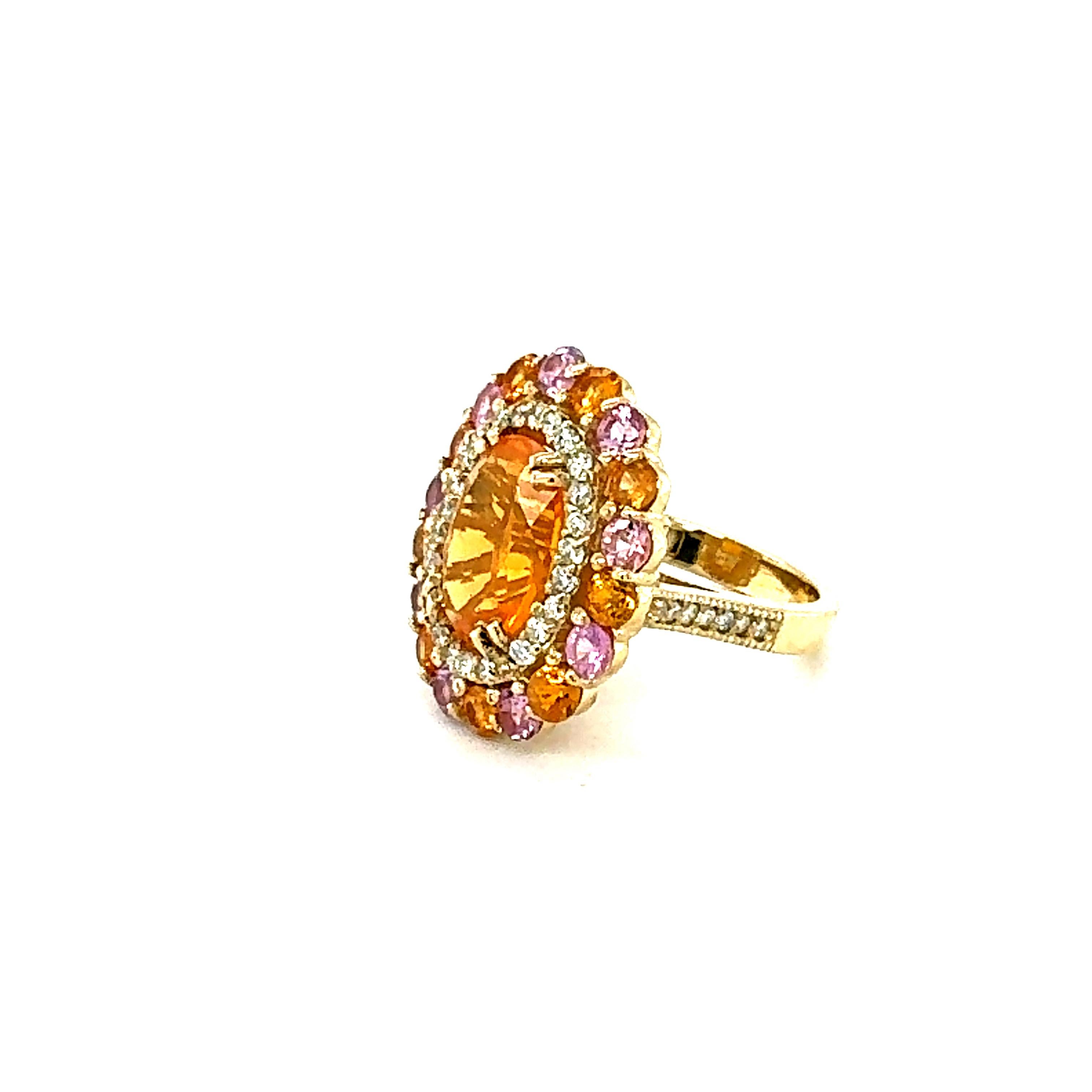Oval Cut 6.93 Carat Natural Fire Opal Sapphire and Diamond Yellow Gold Cocktail Ring For Sale