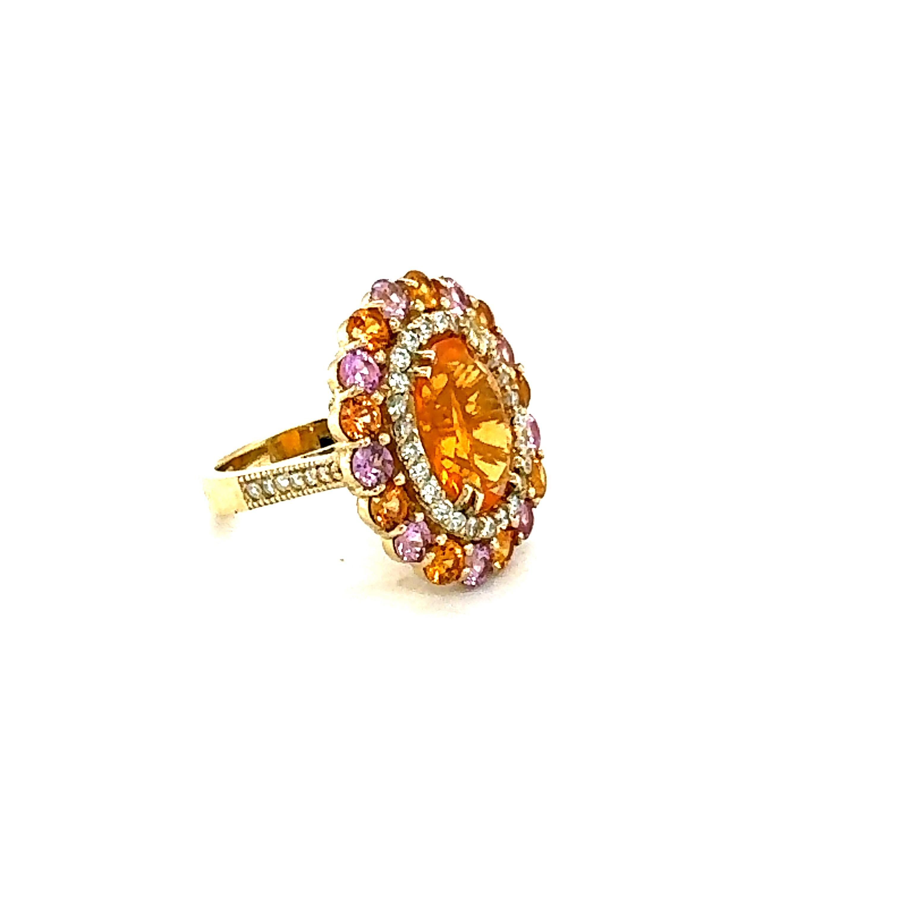 6.93 Carat Natural Fire Opal Sapphire and Diamond Yellow Gold Cocktail Ring In New Condition For Sale In Los Angeles, CA