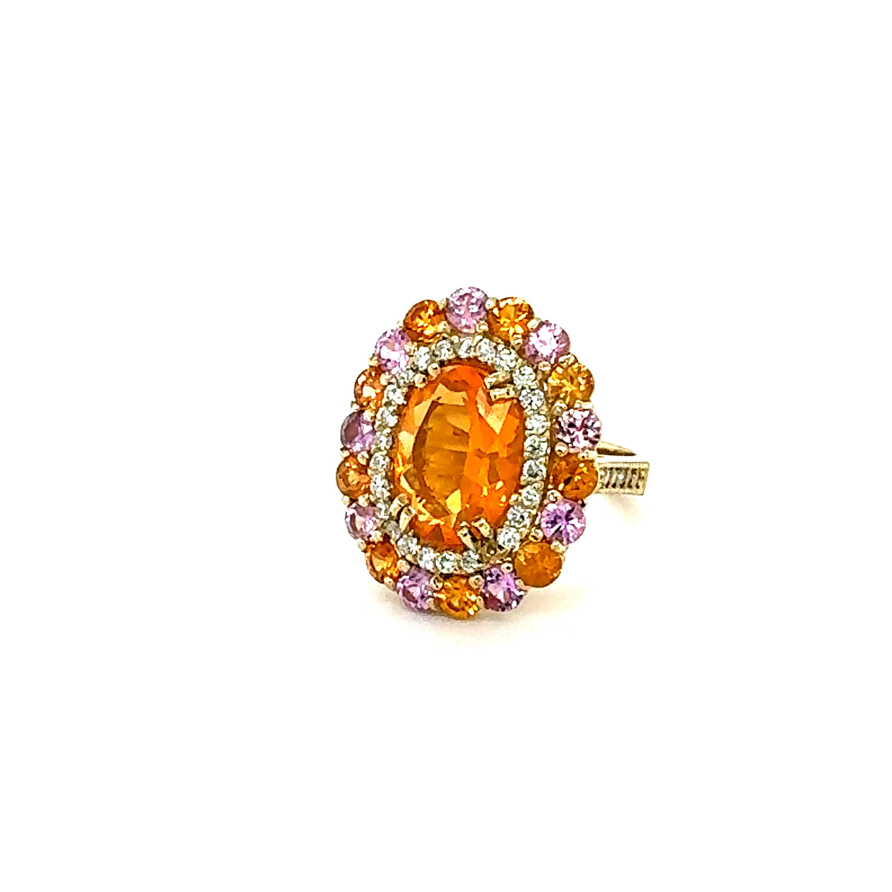 Women's 6.93 Carat Natural Fire Opal Sapphire and Diamond Yellow Gold Cocktail Ring For Sale