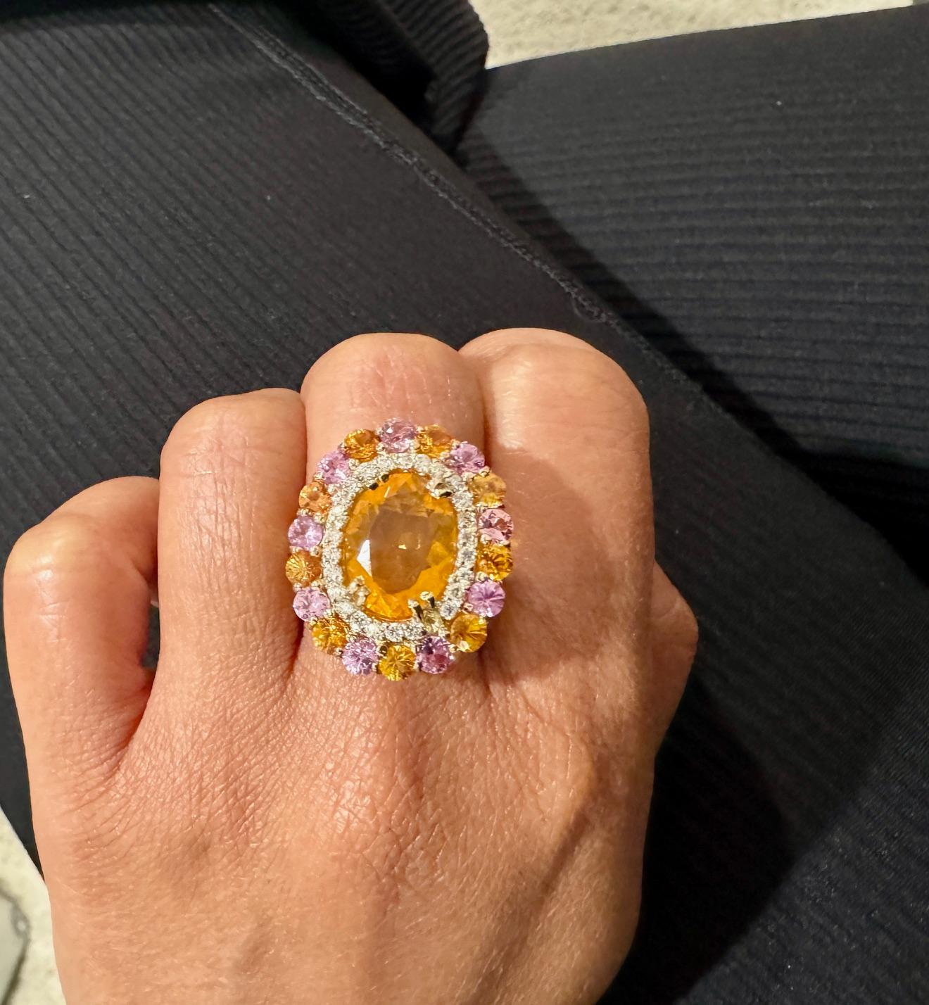 6.93 Carat Natural Fire Opal Sapphire and Diamond Yellow Gold Cocktail Ring For Sale 1