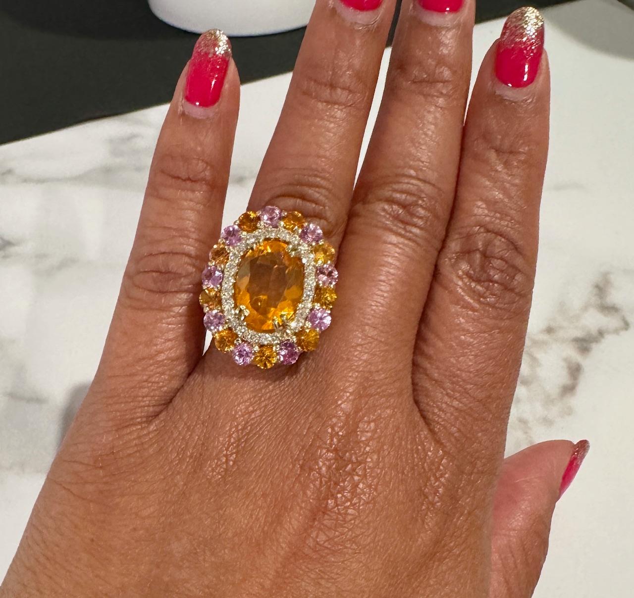 6.93 Carat Natural Fire Opal Sapphire and Diamond Yellow Gold Cocktail Ring For Sale 2