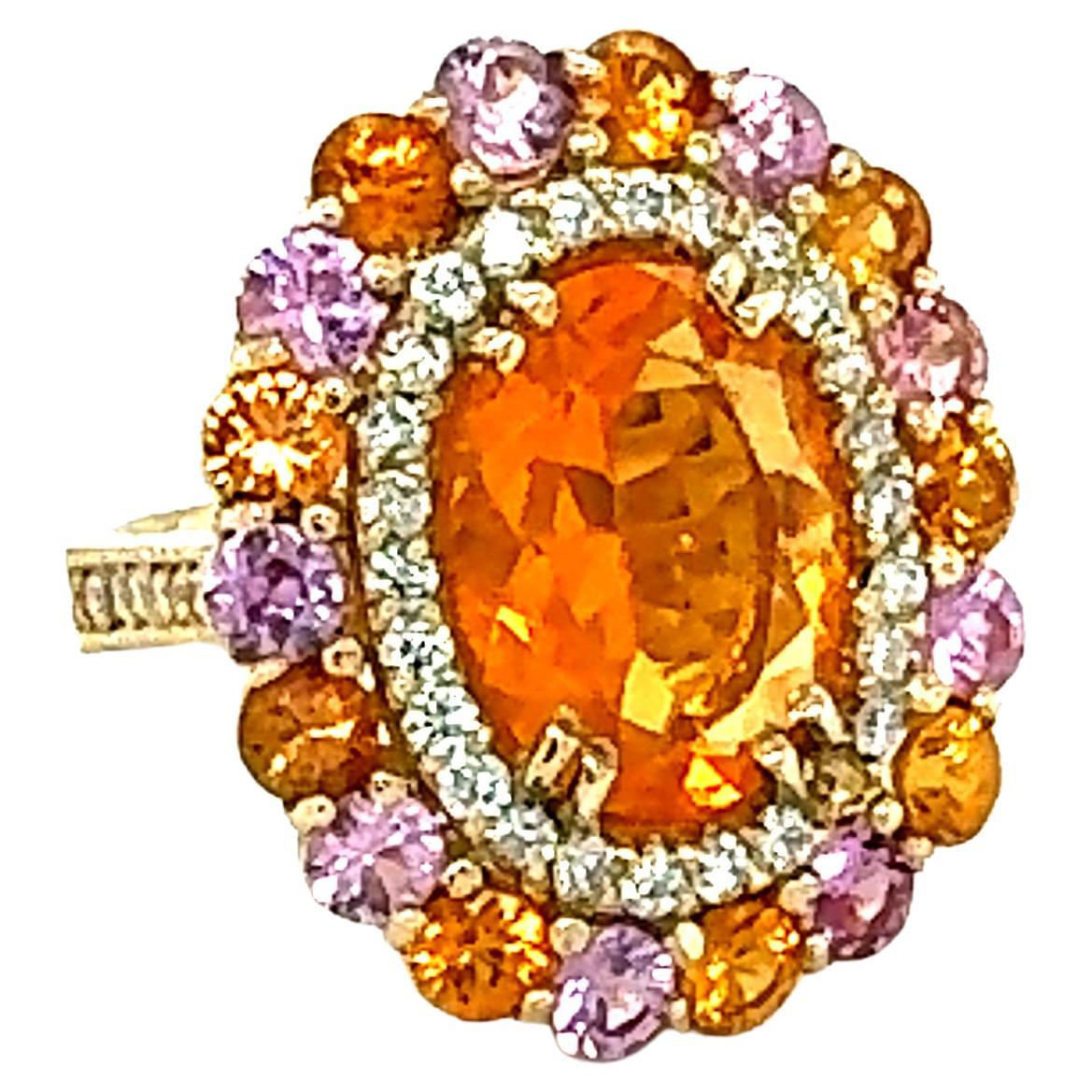 6.93 Carat Natural Fire Opal Sapphire and Diamond Yellow Gold Cocktail Ring For Sale