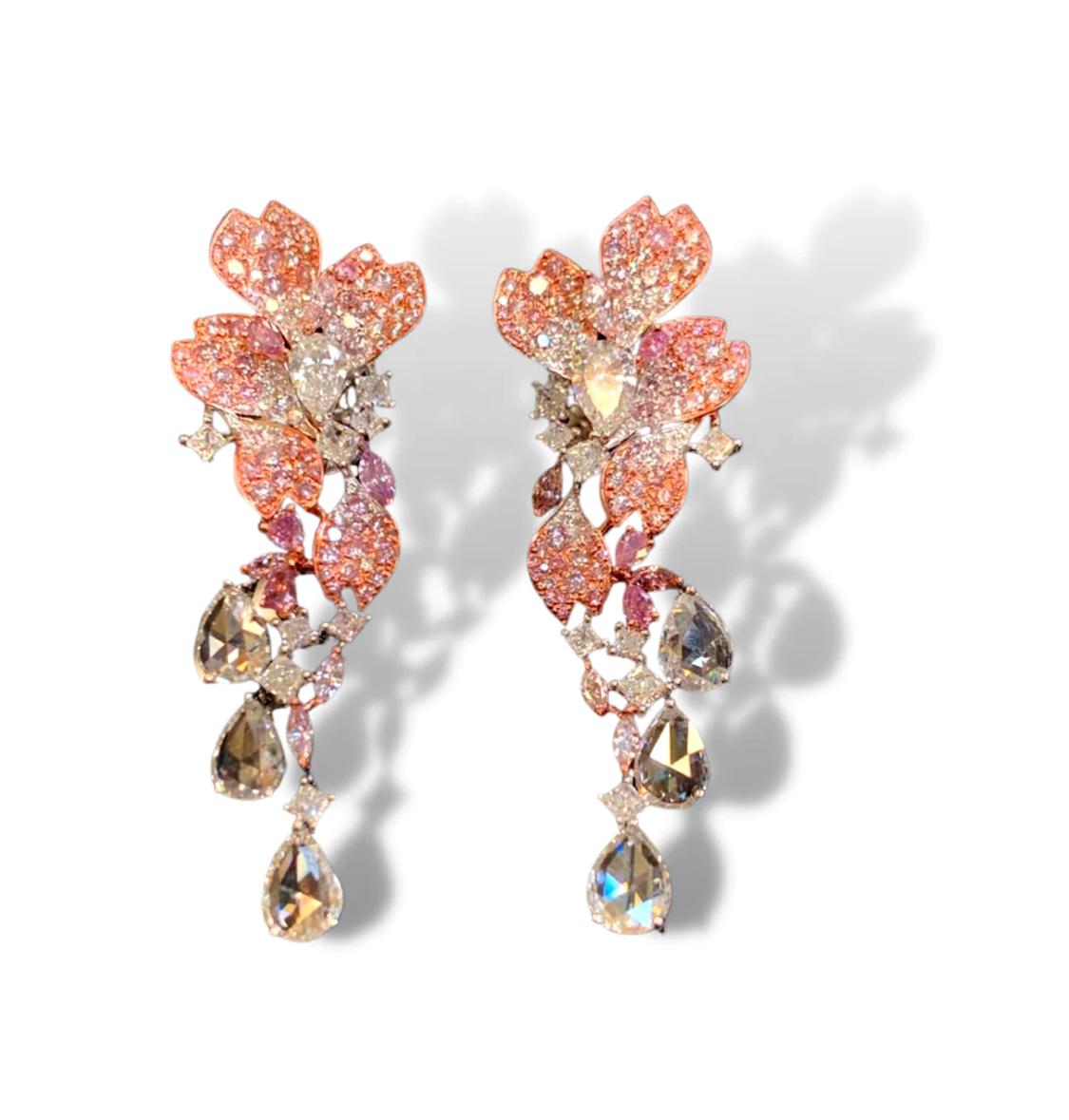 Late Victorian 6.93 Carat Pink & White Diamond 18k Rose & White Gold Chandelier Drop Earrings