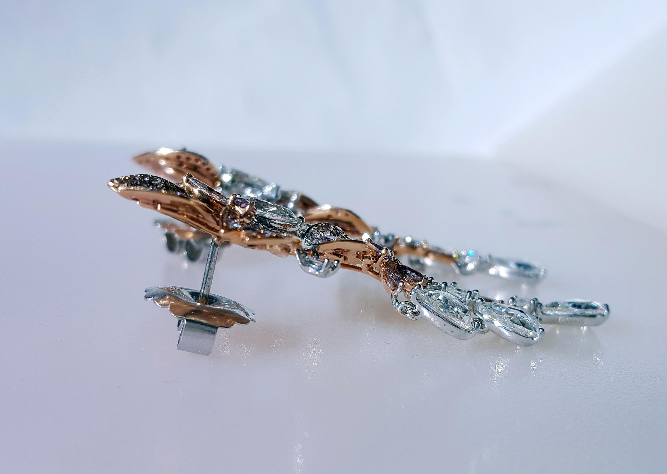  Boucles d'oreilles pendantes chandelier en or rose et blanc 18k de 6,93 carats de diamants roses et blancs. Pour femmes 