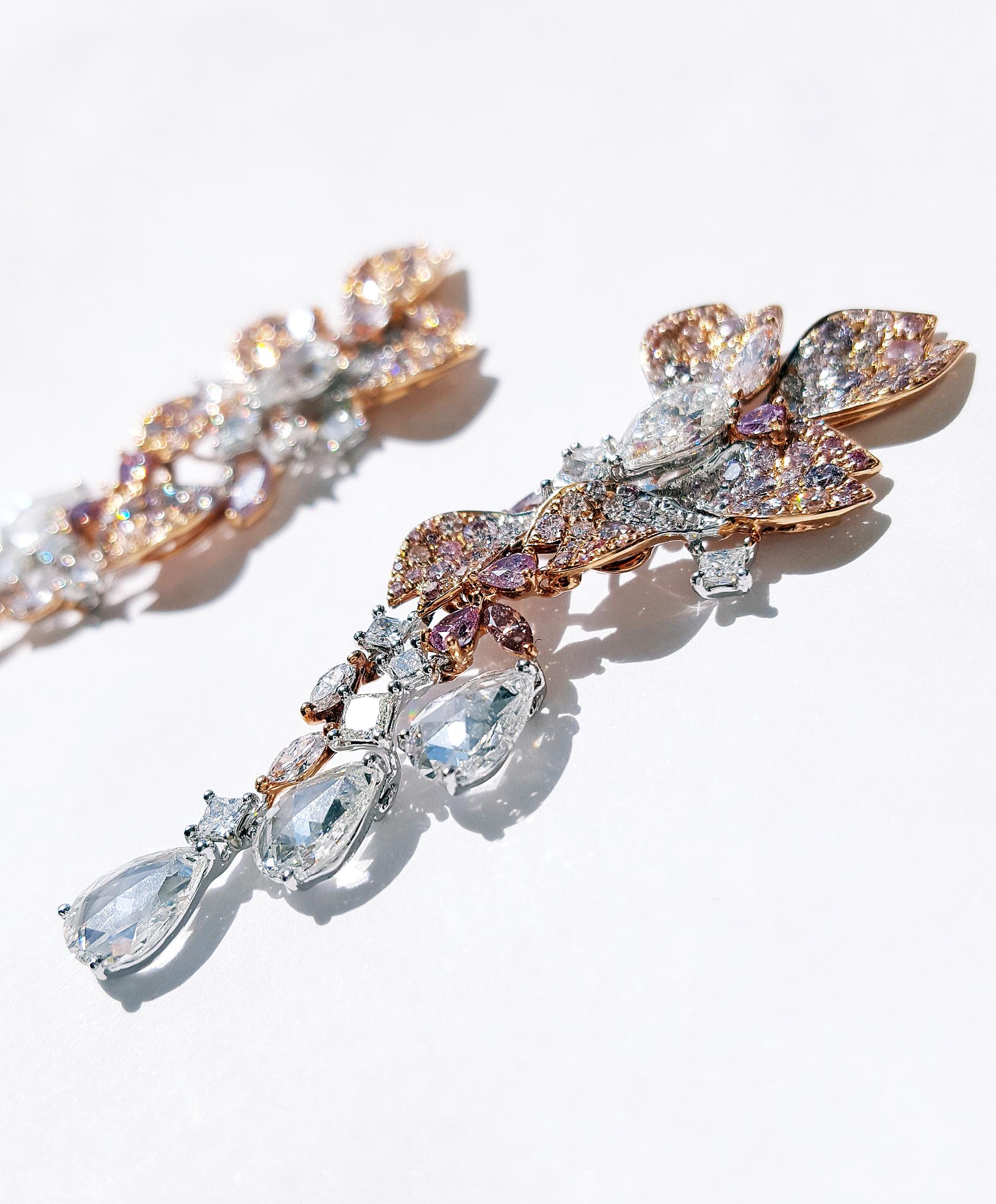 Women's 6.93 Carat Pink & White Diamond 18k Rose & White Gold Chandelier Drop Earrings