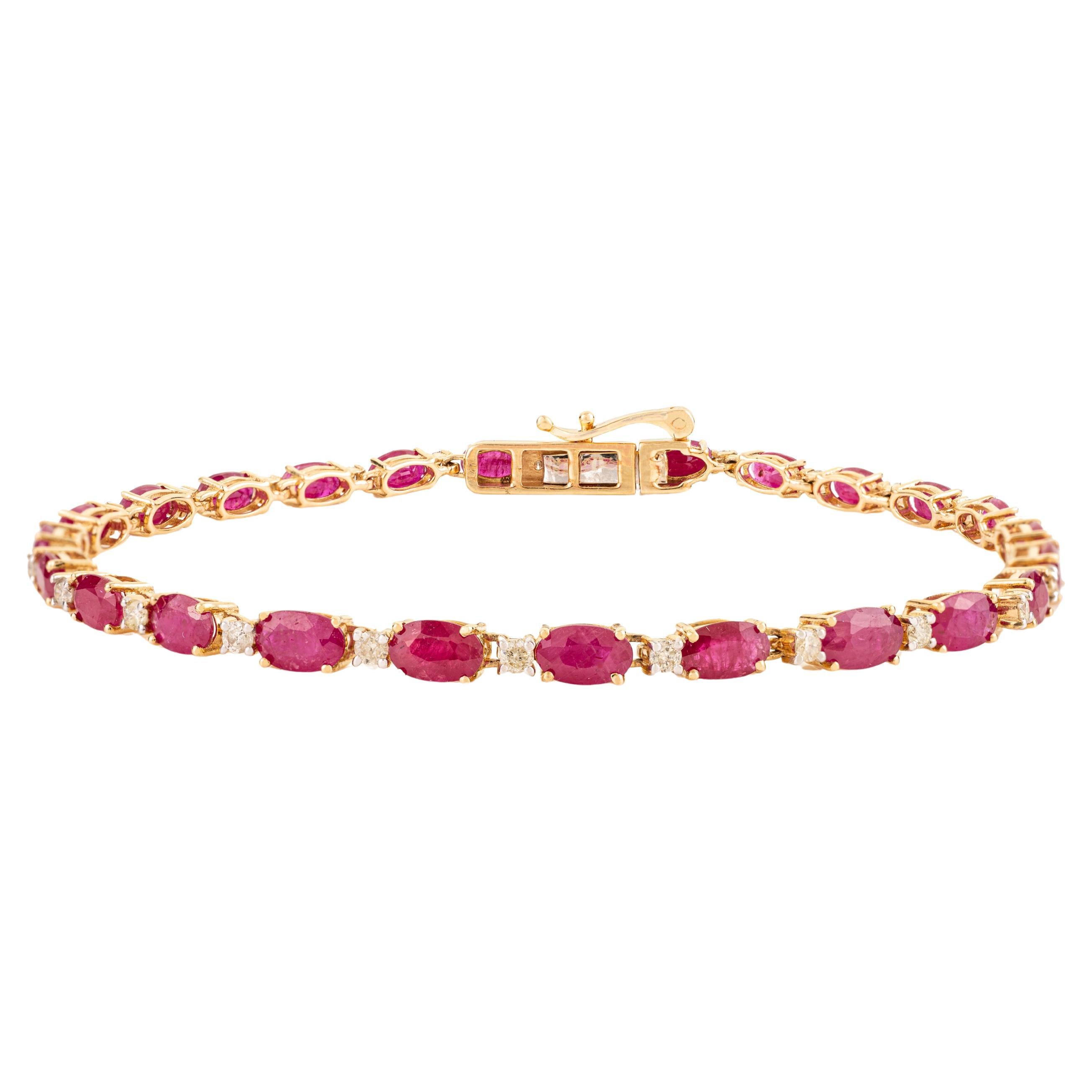 6.93Ct Mozambique Oval Cut Red Ruby & Diamond Tennis Bracelet in 14K Yellow Gold