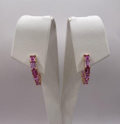 6.93ctw Pink Sapphire Baguette & Round Diamond Hoop Earrings in 18KT Rose Gold