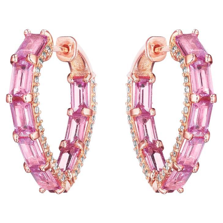 6.93ctw Pink Sapphire Baguette & Round Diamond Hoop Earrings in 18KT Rose Gold