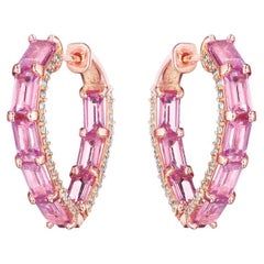 6.93ctw Pink Sapphire Baguette & Round Diamond Hoop Earrings in 18KT Rose Gold