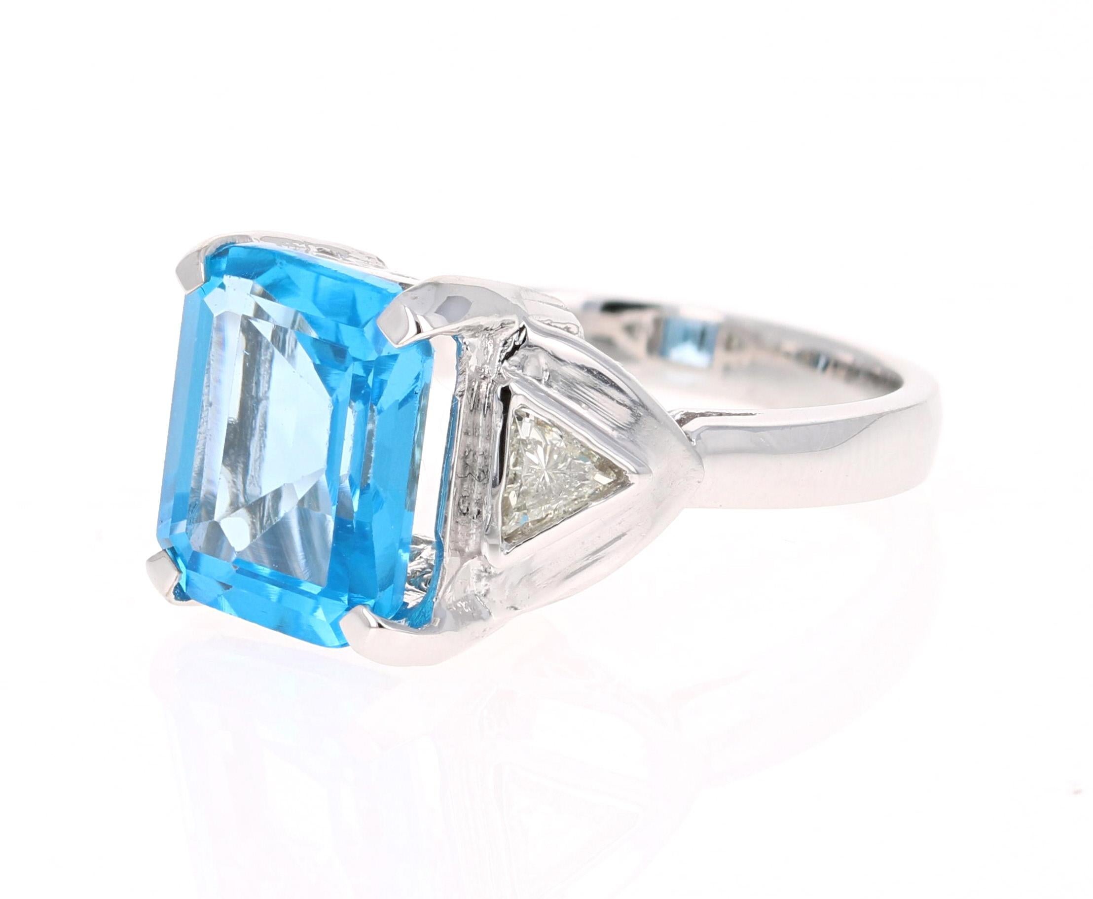 Modern 6.94 Carat Blue Topaz Diamond 14 Karat White Gold Ring
