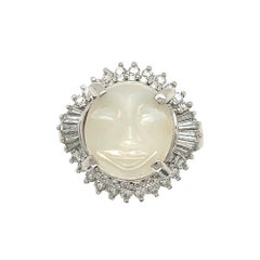 6.94 Carat Carved Moonstone and Diamond Platinum Ring Estate Fine Jewelry