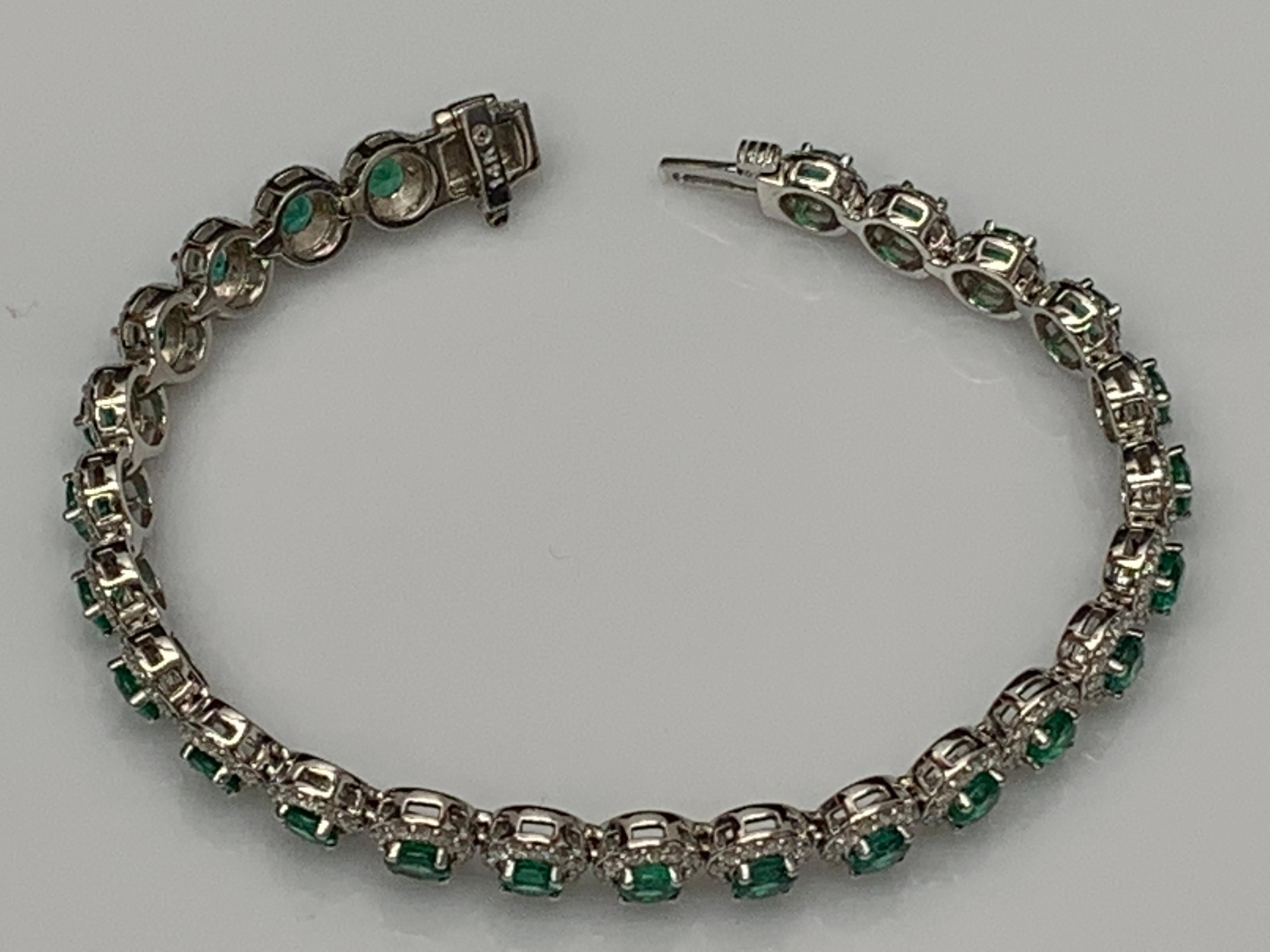 6.94 Carat Emerald and Diamond Halo Tennis Bracelet in 14k White Gold For Sale 4