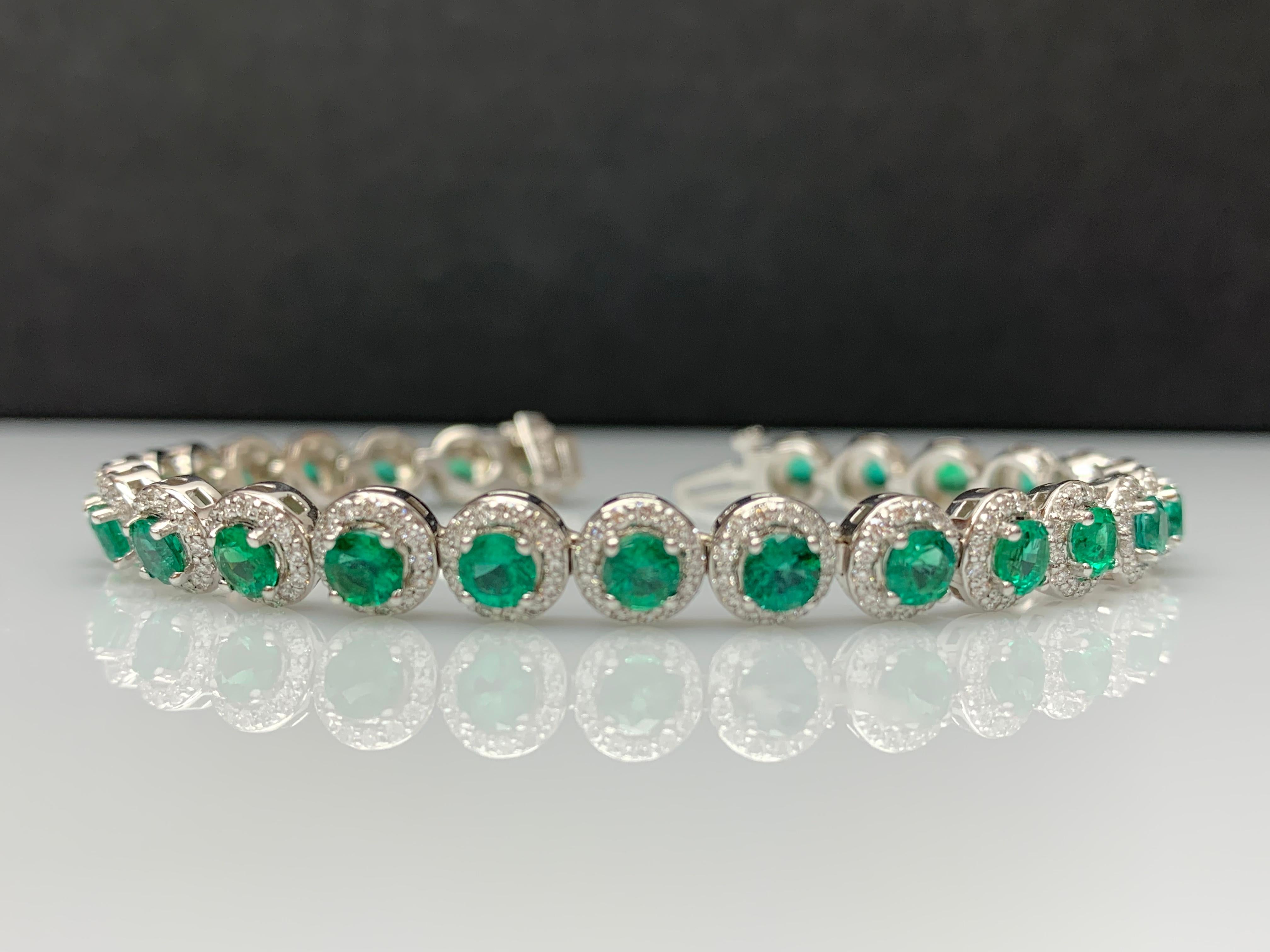 6.94 Carat Emerald and Diamond Halo Tennis Bracelet in 14k White Gold For Sale 6