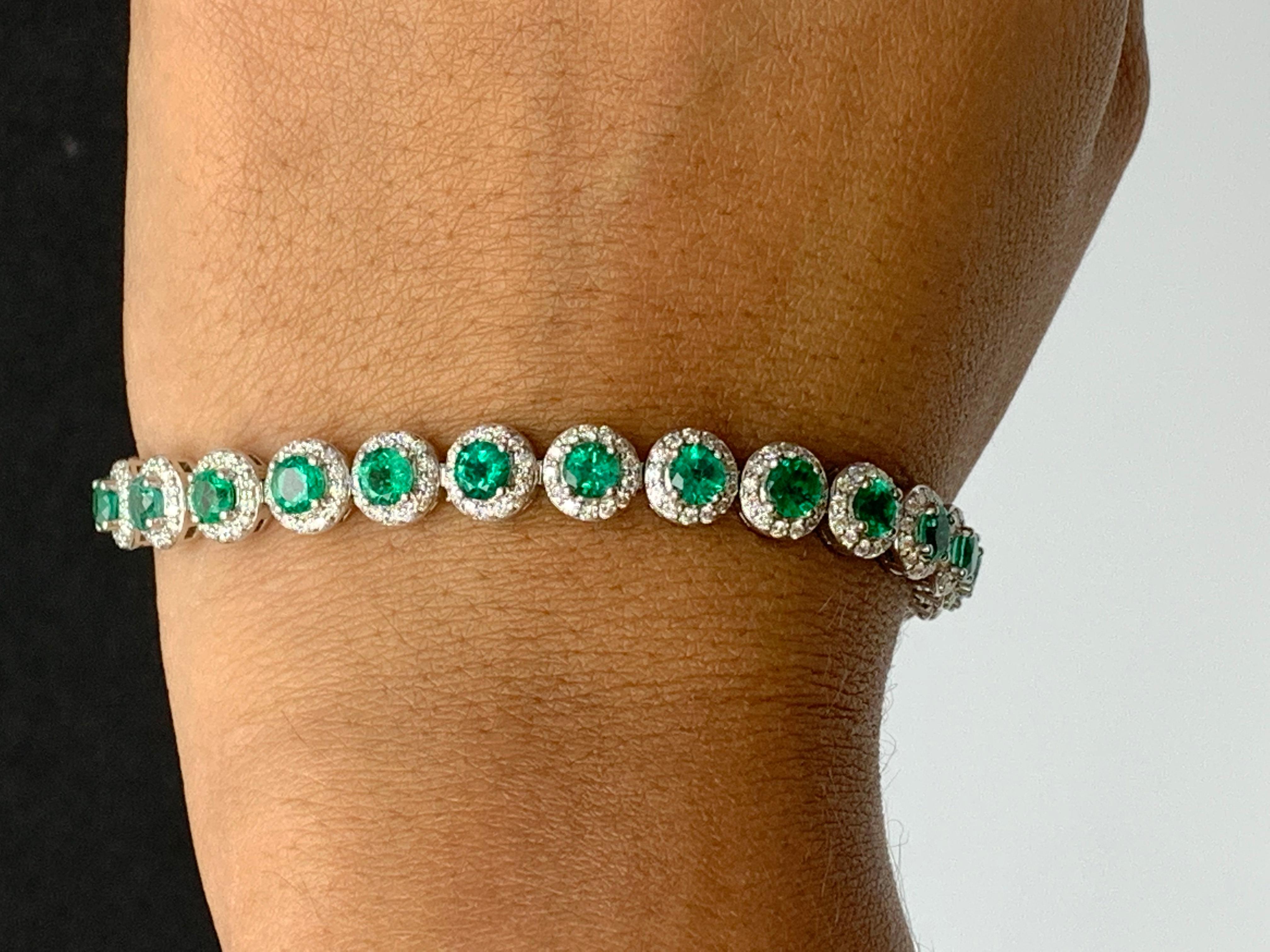 6.94 Carat Emerald and Diamond Halo Tennis Bracelet in 14k White Gold For Sale 7