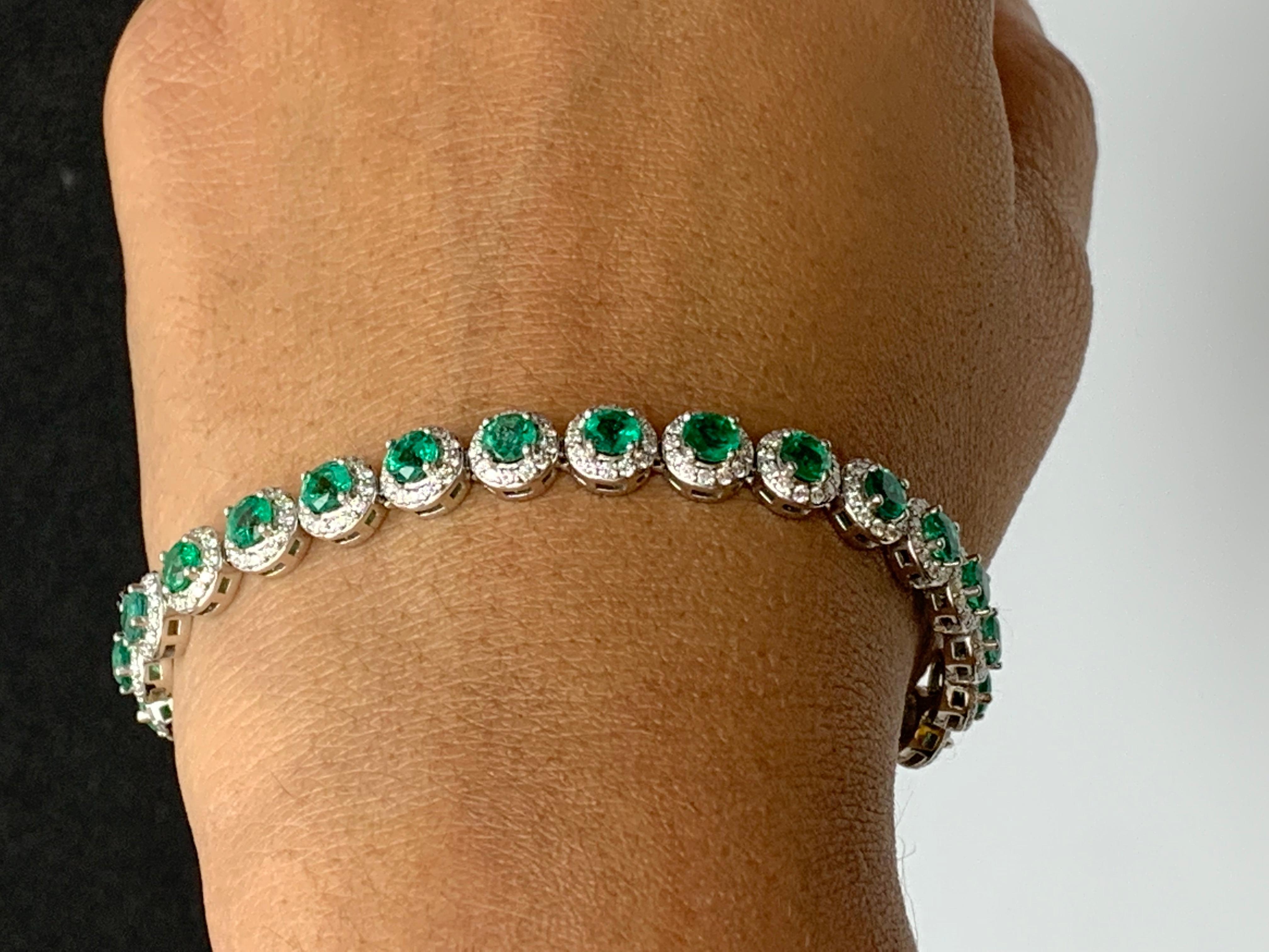 6.94 Carat Emerald and Diamond Halo Tennis Bracelet in 14k White Gold For Sale 8