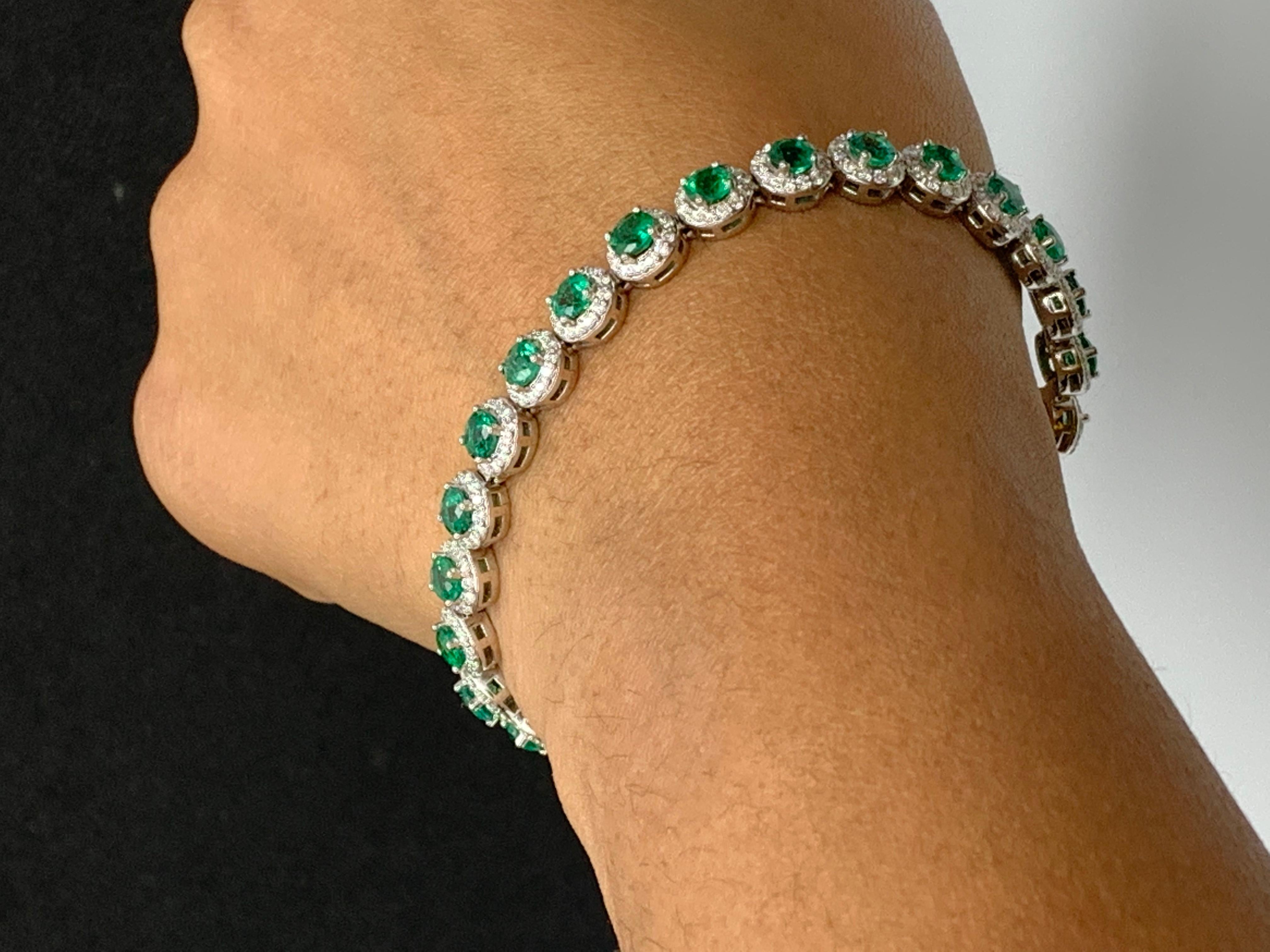 6.94 Carat Emerald and Diamond Halo Tennis Bracelet in 14k White Gold For Sale 9