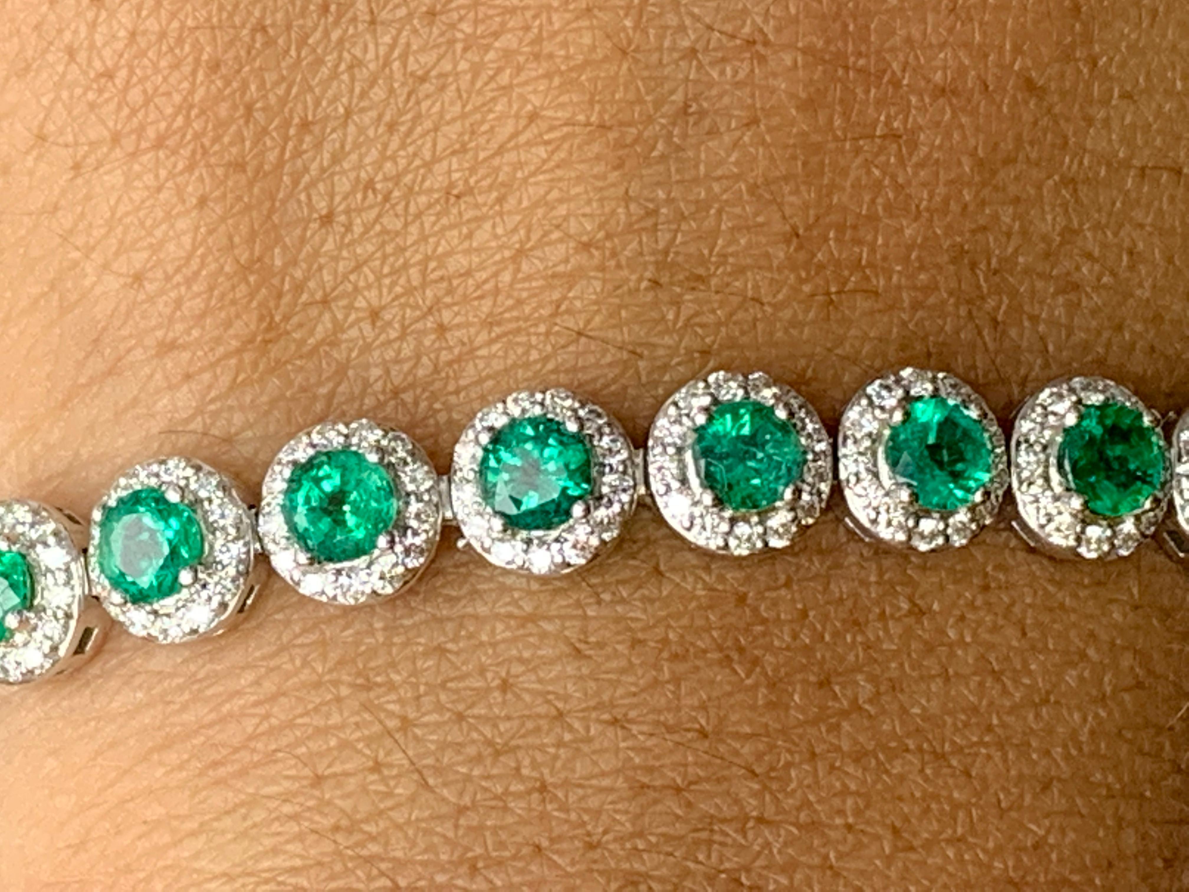 6.94 Carat Emerald and Diamond Halo Tennis Bracelet in 14k White Gold For Sale 11