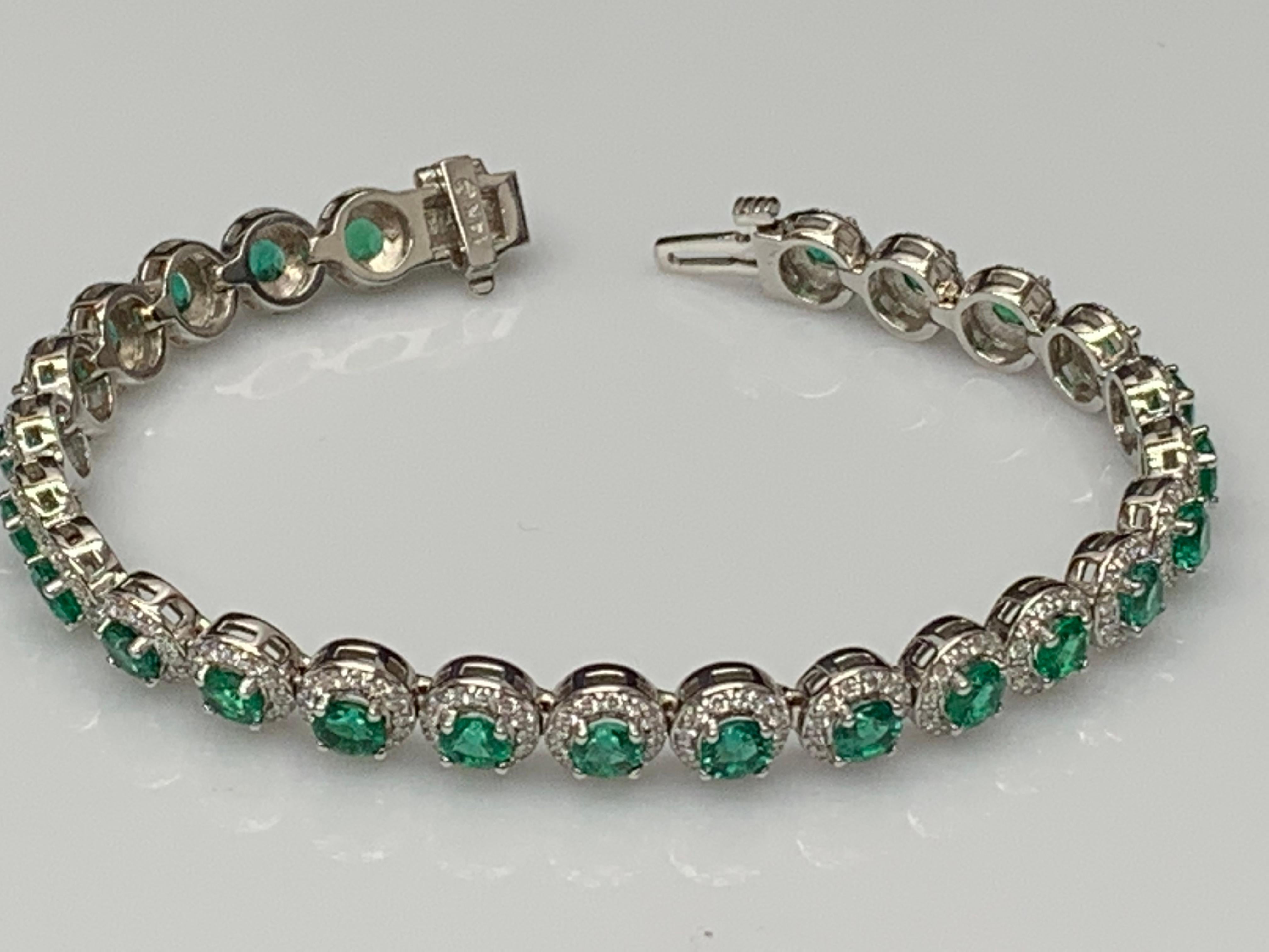 6.94 Carat Emerald and Diamond Halo Tennis Bracelet in 14k White Gold For Sale 2